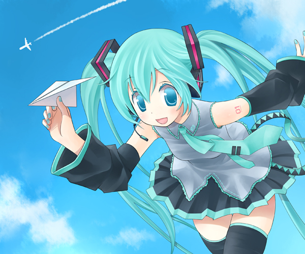 chitose kiiro, hatsune miku, vocaloid, bad id, bad pixiv id, 1girl, aqua eyes, aqua hair, cloud, day, female focus, holding, holding paper airplane, necktie, paper airplane, skirt, sky, solo, thighhighs, twintails, zettai ryouiki