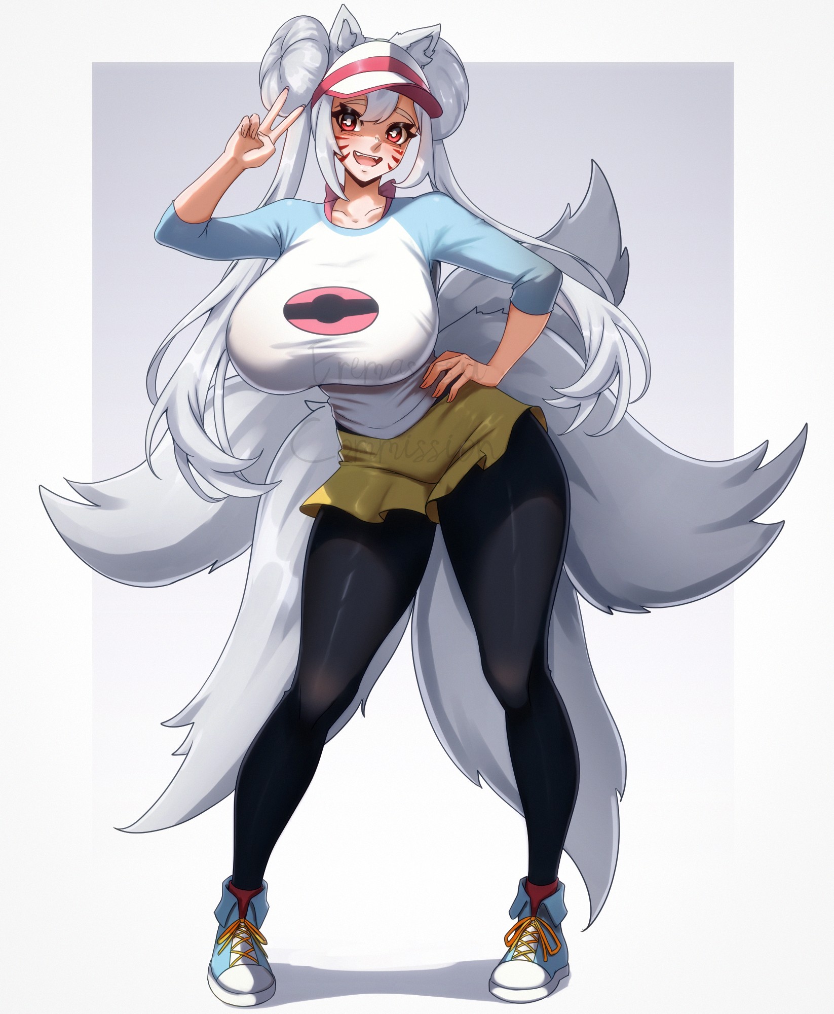 eremas-su, rosa (pokemon), rosa (pokemon) (cosplay), nintendo, original, pokemon, commission, highres, 1girl, animal ears, black pantyhose, blue shirt, blush, breasts, cosplay, double bun, facial mark, fox ears, fox girl, full body, grey hair, hair between eyes, hair bun, hand on own hip, huge breasts, kitsune, kyuubi, long hair, looking at viewer, multiple tails, open mouth, orange eyes, pantyhose, shadow, shirt, shoes, skirt, smile, sneakers, solo, tail, teeth, twintails, two-tone shirt, upper teeth only, very long hair, visor cap, white shirt, yellow skirt