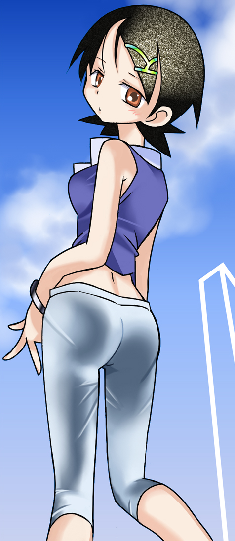 reverie (artist), fuura kafuka, sumeragi lee noriega, gundam, gundam 00, sayonara zetsubou sensei, bad id, bad pixiv id, long image, tall image, 1girl, ass, bare shoulders, black hair, bracelet, brown eyes, cosplay, female focus, hair ornament, hairclip, jewelry, looking back, outdoors, parody, short hair, sky, sleeveless, solo, sumeragi lee noriega (cosplay)