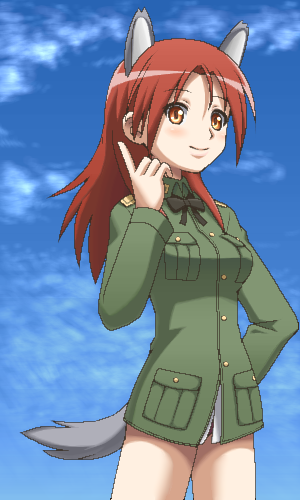 awa, minna-dietlinde wilcke, strike witches, world witches series, lowres, 00s, 1girl, animal ears, cowboy shot, dog ears, dog tail, female focus, jaggy lines, long hair, oekaki, red hair, solo, tail
