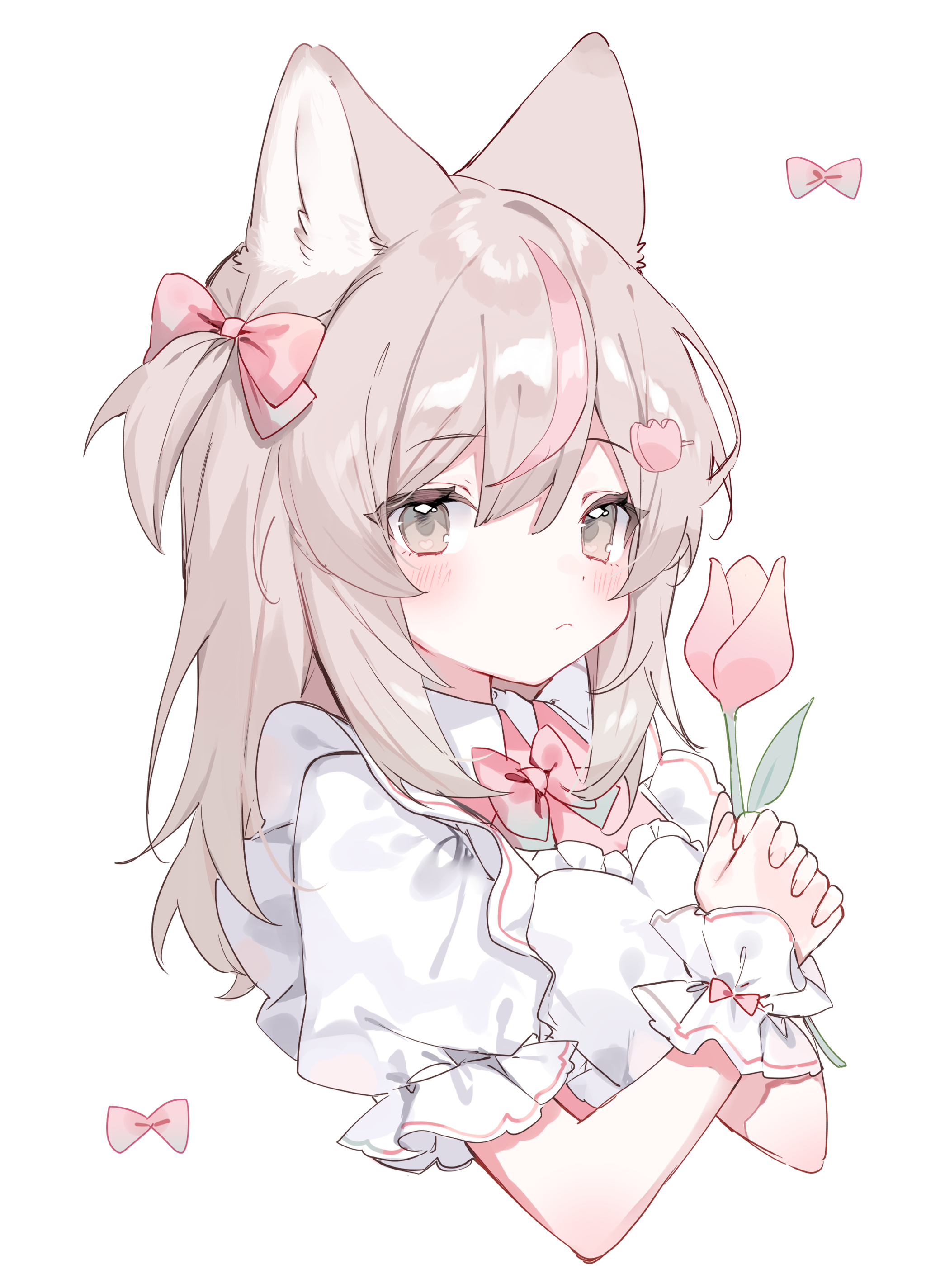 mokyuko, original, absurdres, commentary request, highres, 1girl, animal ear fluff, animal ears, blush, bow, brown eyes, brown hair, closed mouth, cropped torso, flower, hair between eyes, holding, holding flower, long hair, looking at viewer, multicolored hair, pink bow, pink flower, pink hair, puffy short sleeves, puffy sleeves, shirt, short sleeves, simple background, streaked hair, two side up, upper body, white background, white shirt, wrist cuffs