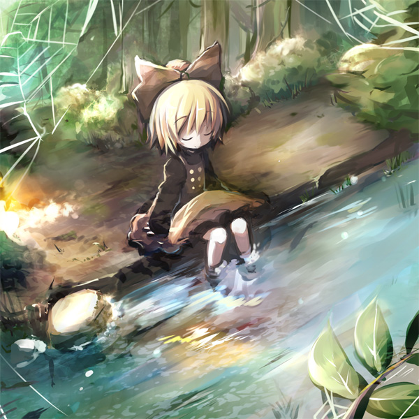 dorua (dollar), kurodani yamame, touhou, 1girl, blonde hair, bow, closed eyes, female focus, hair bow, nature, river, scenery, short hair, silk, sitting, soaking feet, solo, spider web, stream, water