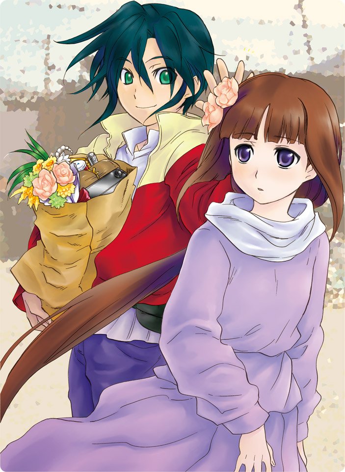 rakuto mangan, garrod ran, tiffa adill, after war gundam x, gundam, bad id, bad pixiv id, 1boy, 1girl, bag, blush, brown hair, couple, dress, flower, hair flower, hair ornament, hetero, long hair, paper bag, purple eyes, shopping, smile