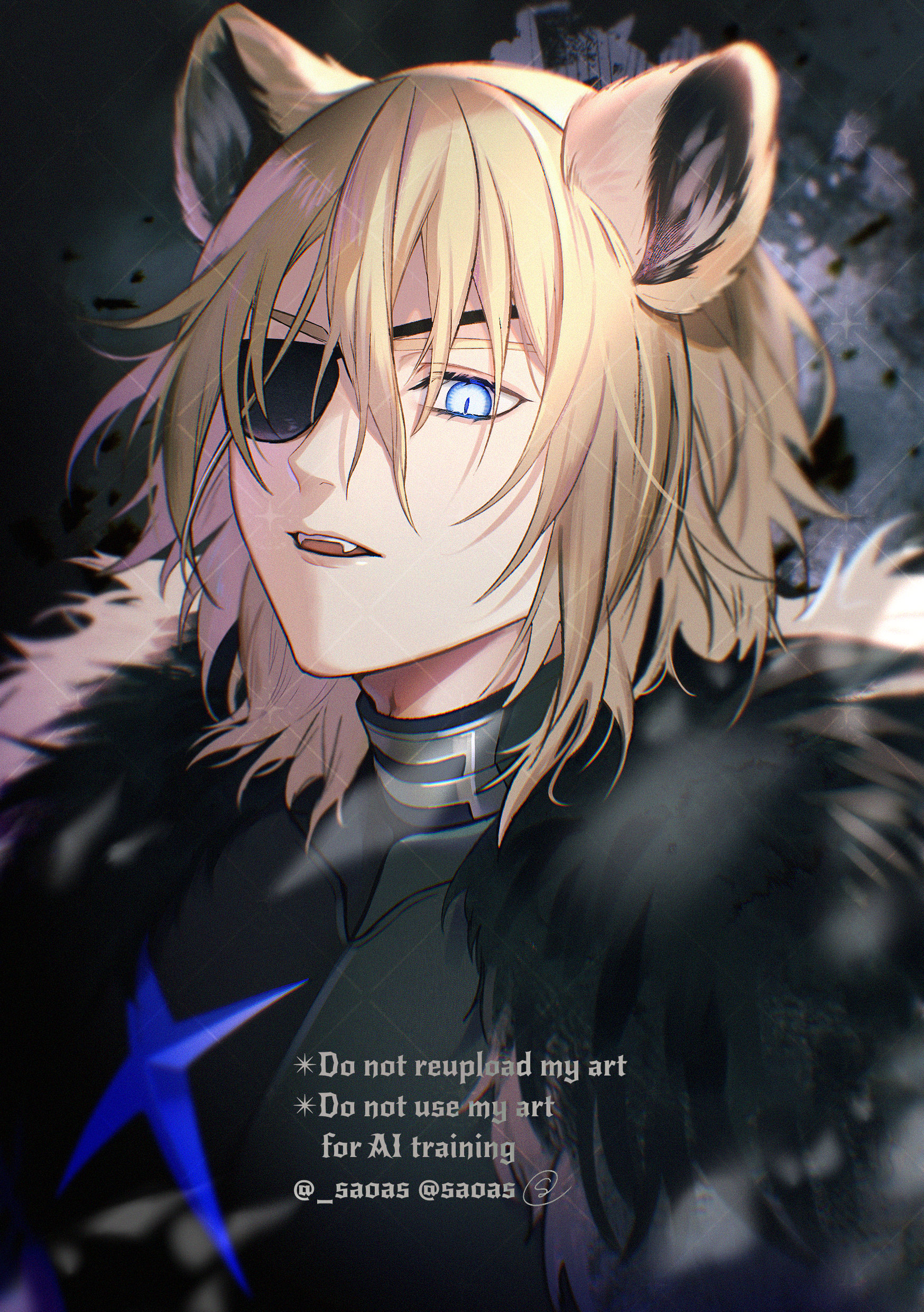 oas, dimitri alexandre blaiddyd, fire emblem, nintendo, absurdres, commentary request, highres, 1boy, animal ears, armor, artist name, black armor, blonde hair, blue eyes, cape, dimitri alexandre blaiddyd (shadows), eyepatch, fangs, fire emblem shadows, fur-trimmed cape, fur trim, lion boy, lion ears, looking at viewer, male focus, signature, upper body