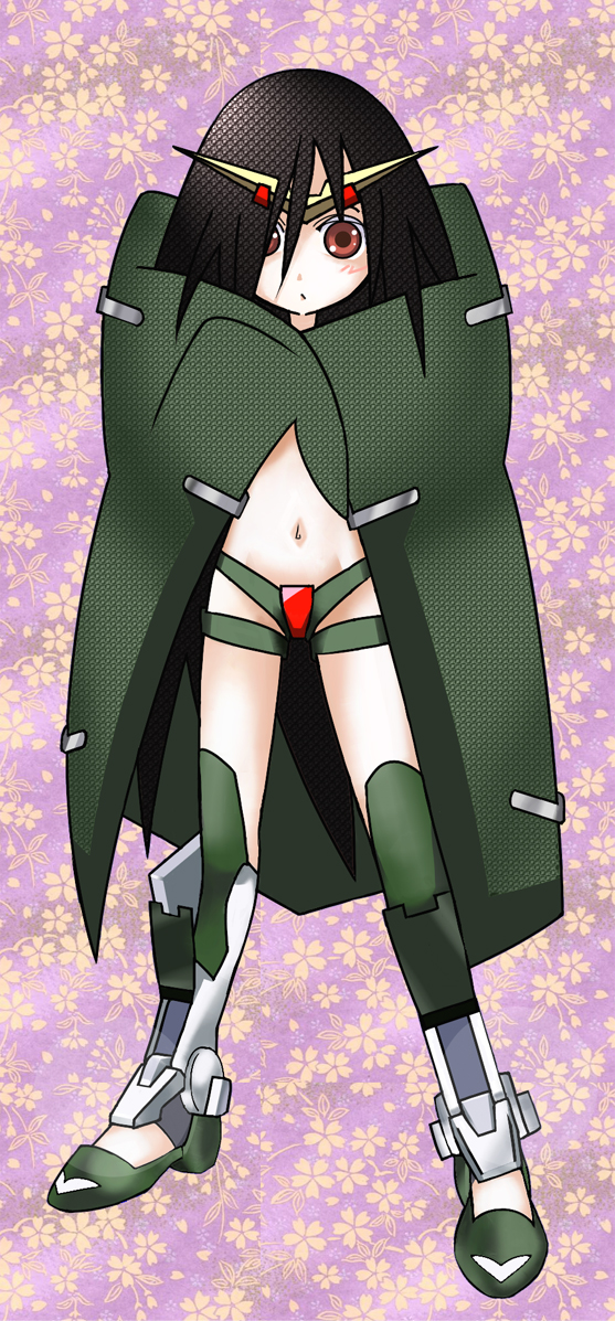 reverie (artist), dynames, gundam dynames, hoshino yumemi, komori kiri, gundam, gundam 00, sayonara zetsubou sensei, bad id, bad pixiv id, 1girl, black hair, blanket, brown eyes, crossover, female focus, long hair, mecha musume, midriff, parody, solo