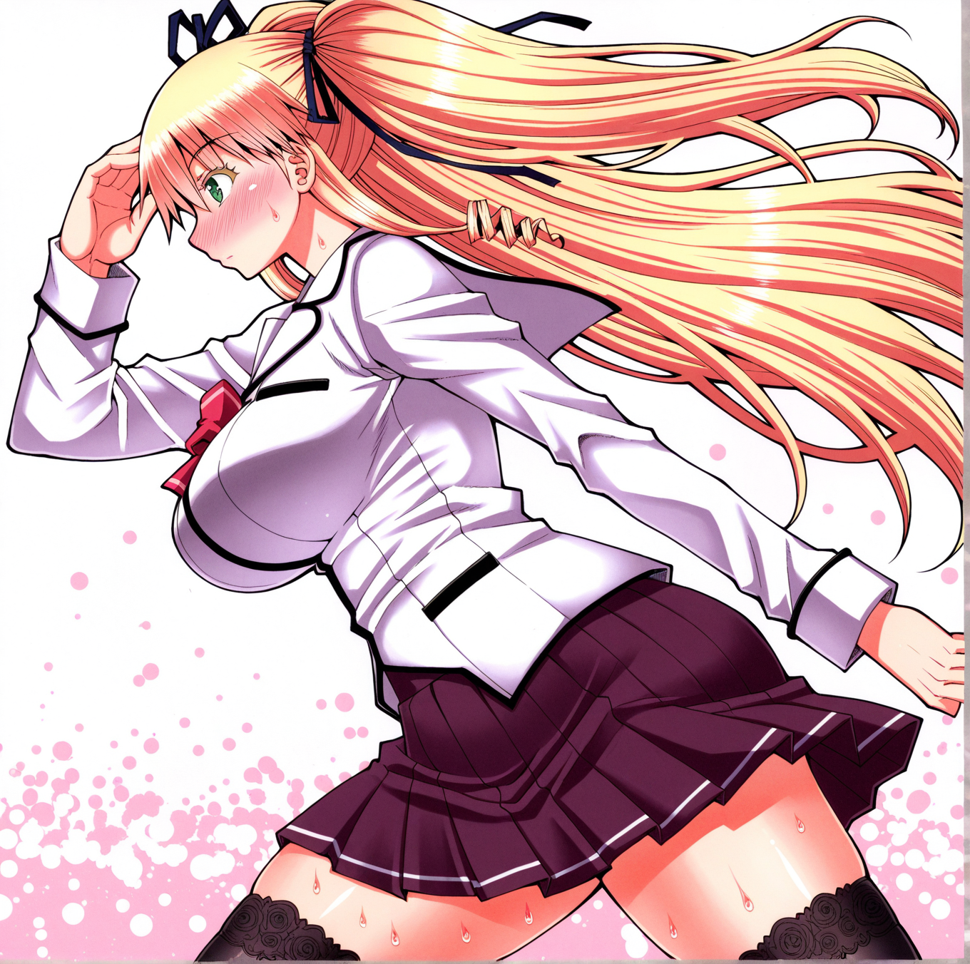 highres, non-web source, 1girl, ayano mariangela, blonde hair, breasts, green eyes, kagome no inyoku, profile, school uniform, thighhighs, twintails, walking