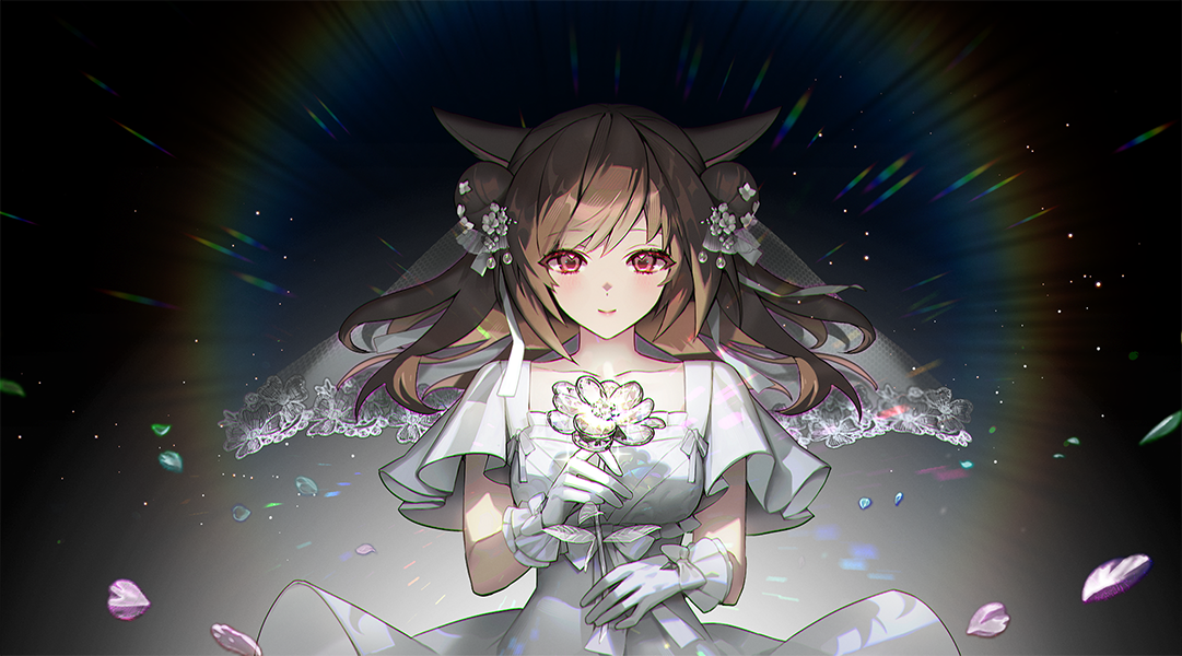 bamcream, final fantasy, final fantasy xiv, character request, commentary, commission, english commentary, 1girl, animal ears, black background, blush, brown hair, closed mouth, double bun, dress, flower, gloves, hair bun, holding, holding flower, long hair, miqo'te, red eyes, short sleeves, smile, solo, upper body, veil, white dress, white flower, white gloves, white veil
