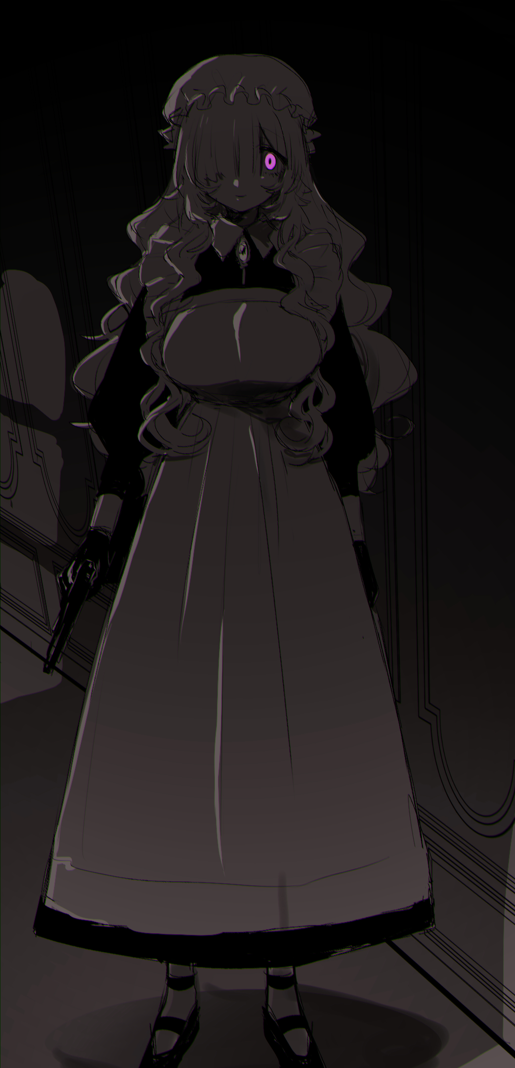 eurasia (wtp09ptw14), francoise (eurasia), original, commentary request, highres, 1girl, apron, breasts, brooch, closed mouth, crazy eyes, dark background, dress, full body, glowing, glowing eye, grey background, gun, hair over one eye, handgun, hat, holding, holding gun, holding weapon, jewelry, large breasts, long hair, long sleeves, looking at viewer, maid, maid apron, mob cap, monochrome, one eye covered, parted bangs, purple eyes, shoes, sketch, smile, solo, spot color, standing, straight-on, wavy hair, weapon