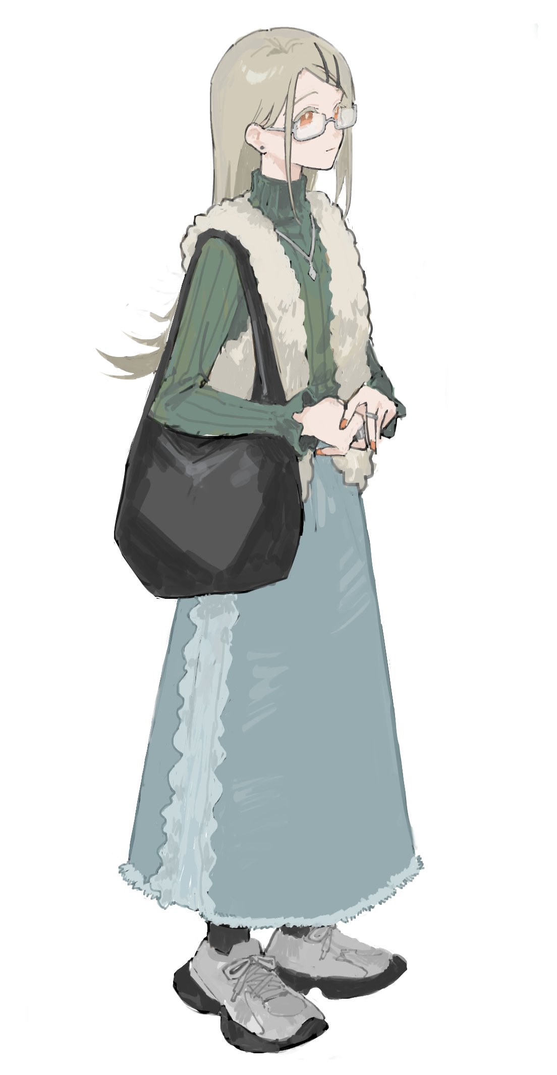 nininikal, shinosawa hiro, gakuen idolmaster, idolmaster, highres, 1girl, bag, closed mouth, full body, fur trim, glasses, grey hair, long hair, long sleeves, red eyes, shoes, simple background, solo, standing, sweater, turtleneck, white background
