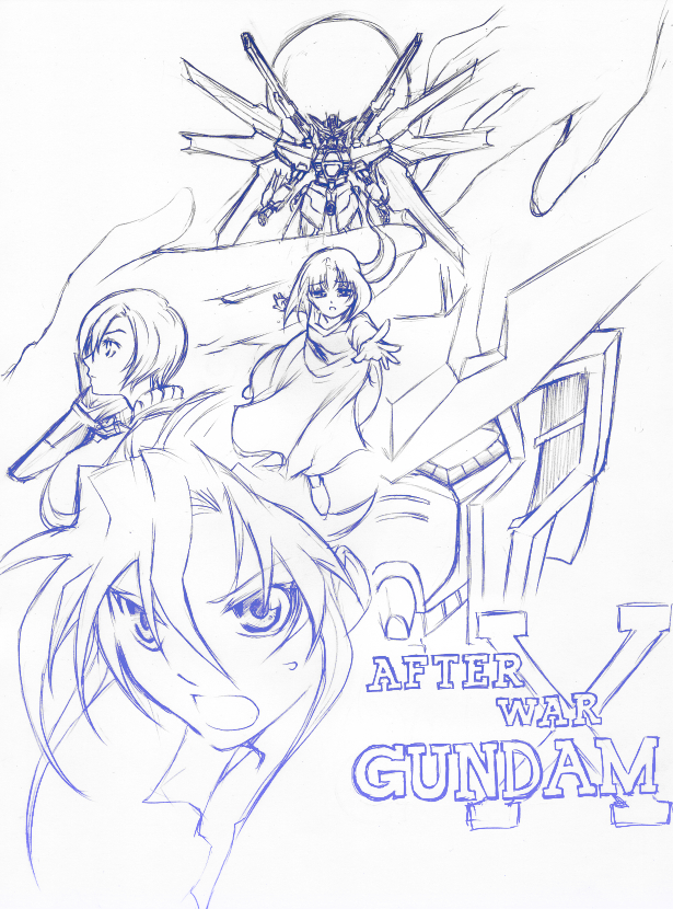 aoba (dxdex), garrod ran, gundam x, paula cis, tiffa adill, after war gundam x, gundam, 1boy, 2girls, blue theme, mecha, monochrome, multiple girls, robot