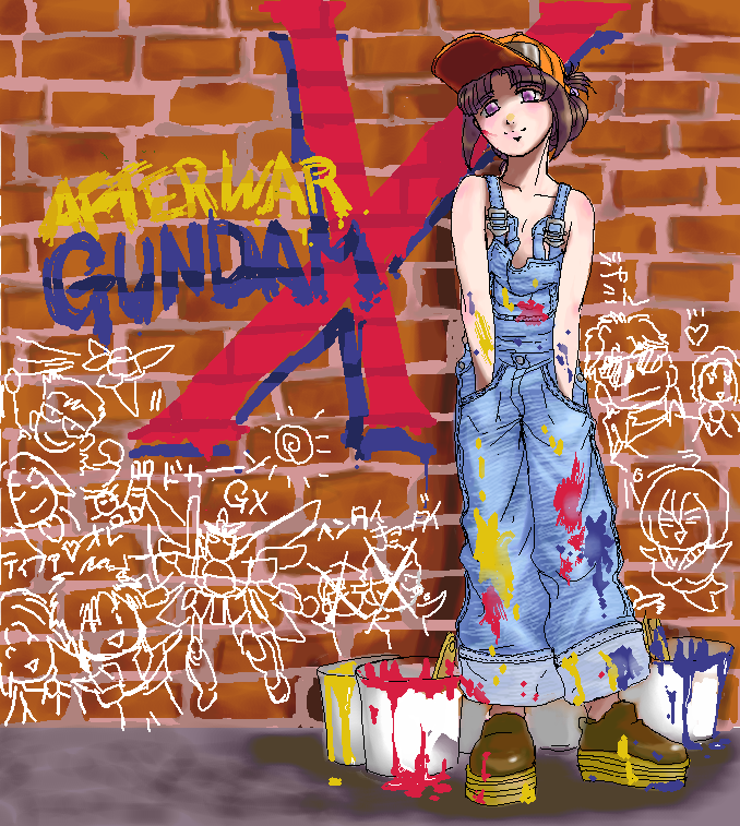 gundam x, tiffa adill, after war gundam x, gundam, 1girl, baseball cap, brown hair, copyright name, female focus, graffiti, hat, overalls, paint, purple eyes, solo, suspenders