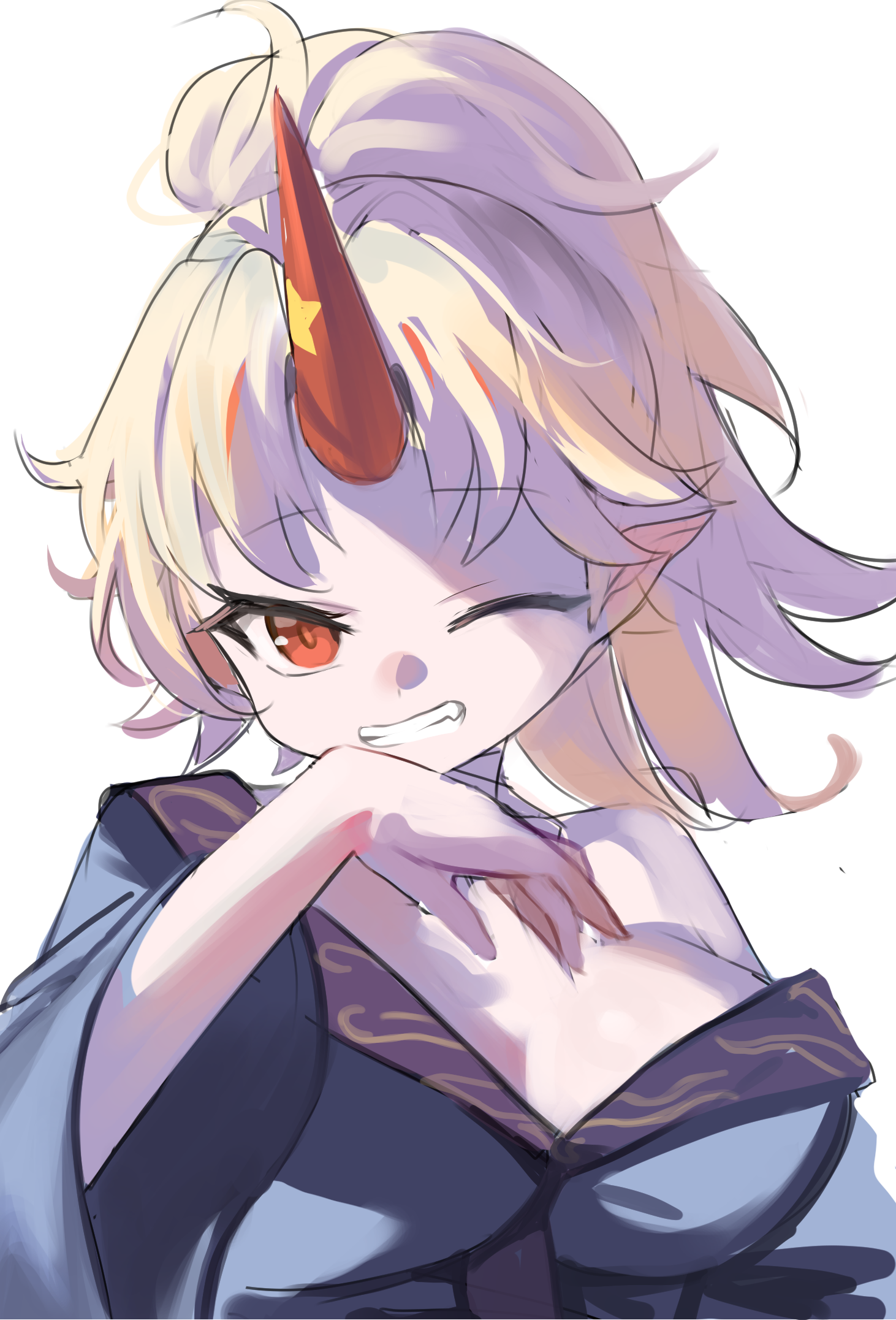 dokomon, hoshiguma yuugi, touhou, commentary, highres, 1girl, blonde hair, blue kimono, breasts, cleavage, grin, hand up, horns, japanese clothes, kimono, large breasts, long hair, long sleeves, looking at viewer, multicolored hair, off shoulder, one eye closed, ponytail, red eyes, red hair, simple background, single horn, smile, solo, star (symbol), streaked hair, upper body, white background, wide sleeves
