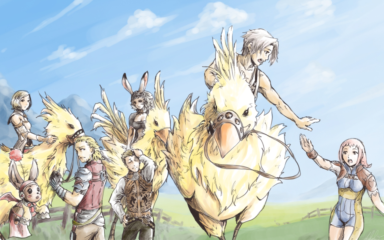ashelia b'nargin dalmasca, balflear, basch fon ronsenburg, chocobo, fran (ff12), gurdy, moogle, penelo, vaan (ff12), final fantasy, final fantasy xii, ivalice alliance, 00s, 3boys, 3girls, animal, animal ears, armor, belt, bird, black pants, blonde hair, blue sky, breasts, choker, cleavage, cloud, day, everyone, face palm, fence, grass, helmet, leather, leather pants, mountain, multiple boys, multiple girls, muscular, open mouth, pants, rabbit ears, reaching, riding, running, sky, surprised, twintails, vest, viera, white hair