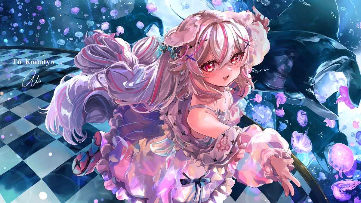 ali woli, kurenagi eri, guild cq, commentary request, commission, second-party source, skeb commission, 1girl, animal ears, aquarium, blush, commissioner name, dress, fox ears, fox girl, fox tail, hair ornament, jellyfish, long hair, looking at viewer, manta ray, multicolored hair, open mouth, red eyes, red hair, signature, smile, solo, streaked hair, tail, virtual youtuber, white dress, white hair