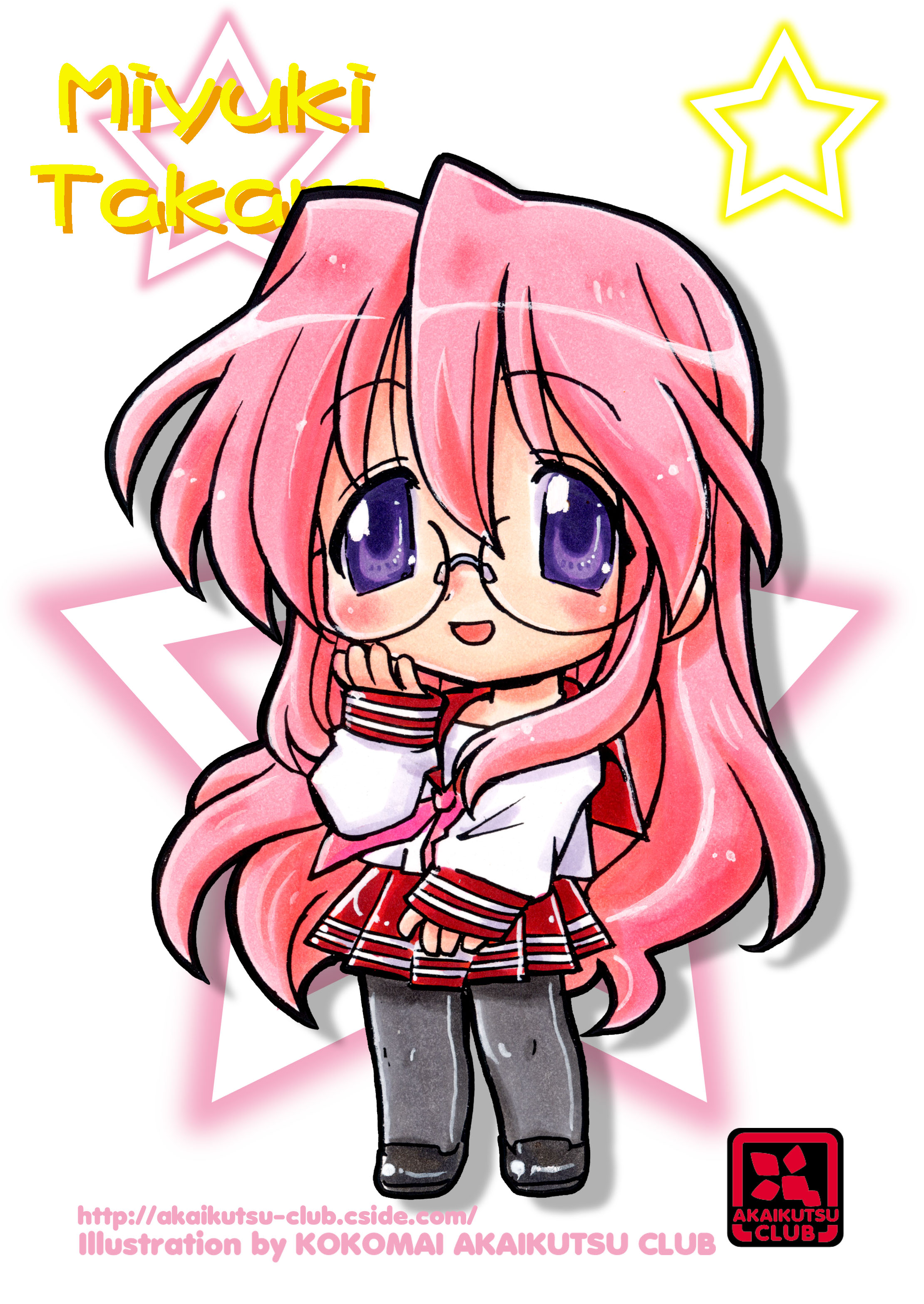 kokomahi, takara miyuki, lucky star, absurdres, commentary request, highres, 1girl, artist name, black pantyhose, black shoes, character name, chibi, chibi only, circle name, full body, glasses, hair between eyes, hand up, long hair, long sleeves, looking at viewer, neckerchief, open mouth, pantyhose, pink hair, pink neckerchief, pleated skirt, purple eyes, red sailor collar, red skirt, ryouou school uniform, sailor collar, school uniform, serafuku, shirt, shoes, skirt, sleeves past wrists, smile, solo, standing, star (symbol), very long hair, watermark, web address, white shirt