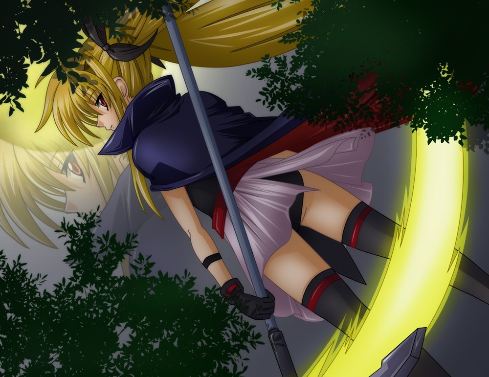 bardiche (nanoha), fate testarossa, lyrical nanoha, mahou shoujo lyrical nanoha, non-web source, 00s, ass, blonde hair, energy blade, gloves, long hair, red eyes, scythe, solo, thighhighs