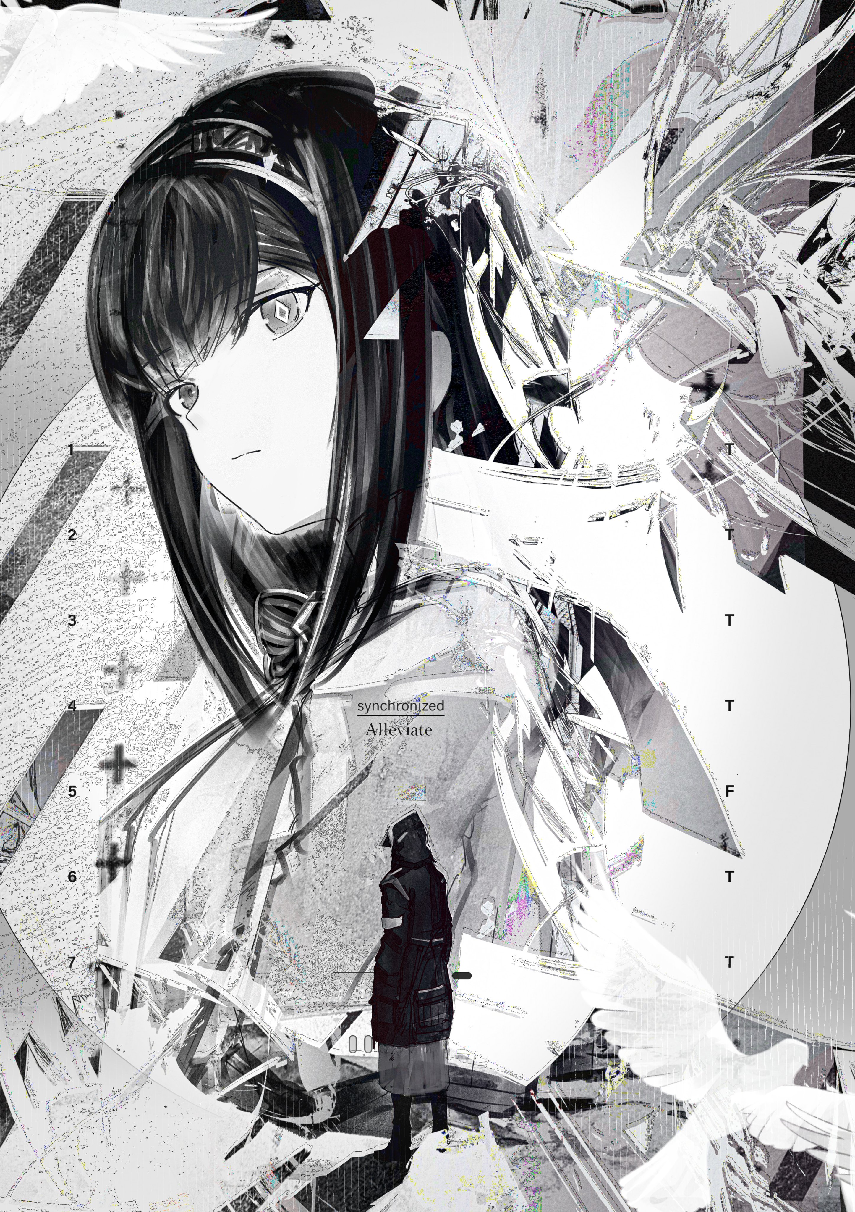 tfnfe sach, doctor (arknights), priestess (arknights), arknights, absurdres, commentary, english commentary, highres, 1girl, 1other, black coat, closed mouth, coat, diamond-shaped pupils, diamond (shape), english text, expressionless, from behind, full body, hairband, hood, hood up, hooded coat, lab coat, limited palette, long hair, long sleeves, standing, symbol-shaped pupils, upper body