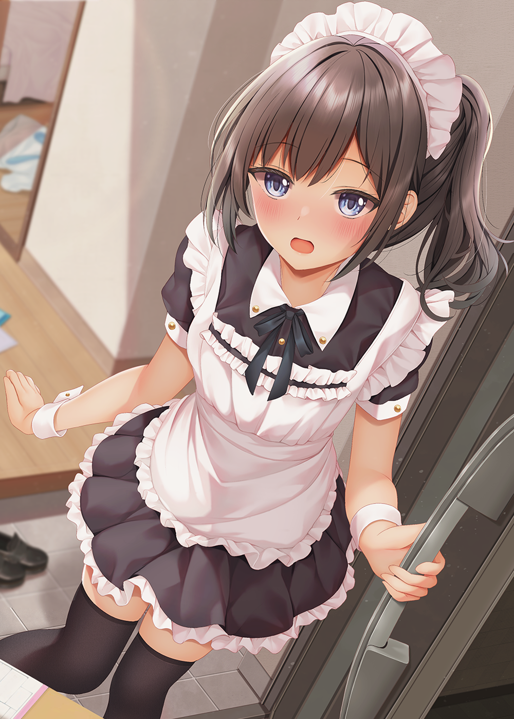minato ojitan, original, commentary, highres, 1girl, apron, black dress, black hair, black ribbon, black shoes, black thighhighs, blue eyes, blush, bow, breasts, collared dress, door, dress, frilled apron, frilled dress, frills, indoors, long hair, looking at viewer, maid, maid apron, maid headdress, mirror, neck ribbon, open door, open mouth, pleated dress, ponytail, puffy short sleeves, puffy sleeves, ribbon, shoes, short sleeves, side ponytail, solo, standing, standing on one leg, sweat, tan, thighhighs, unworn shoes, white apron, white headdress, white wrist cuffs, wooden floor, wrist cuffs