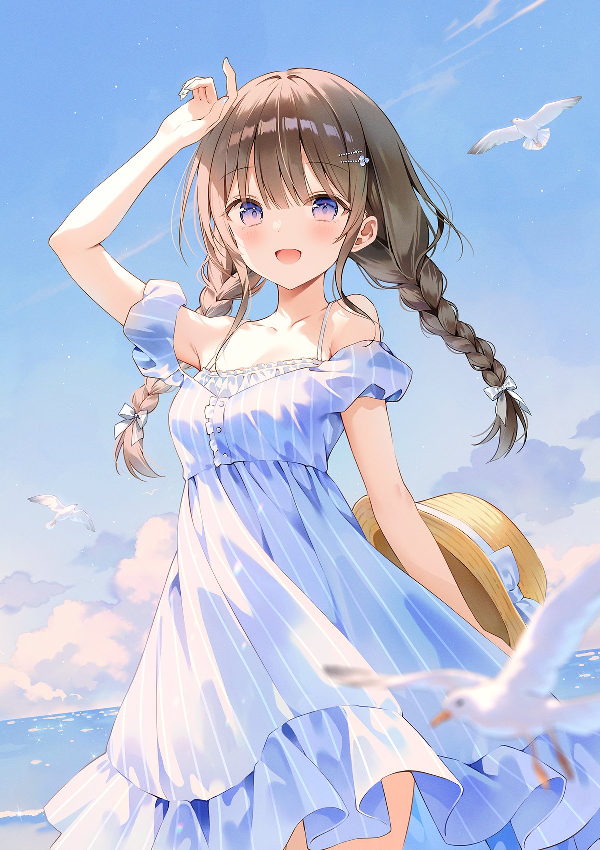 weri, original, commentary request, highres, korean commentary, 1girl, :d, arm up, bare shoulders, bird, blue sky, blurry, blurry foreground, blush, braid, brown hair, cloud, collarbone, cowboy shot, day, dress, hair ornament, hairclip, long hair, looking at viewer, off-shoulder dress, off shoulder, open mouth, outdoors, parallel hairclips, purple eyes, seagull, sky, smile, solo, twin braids, white dress