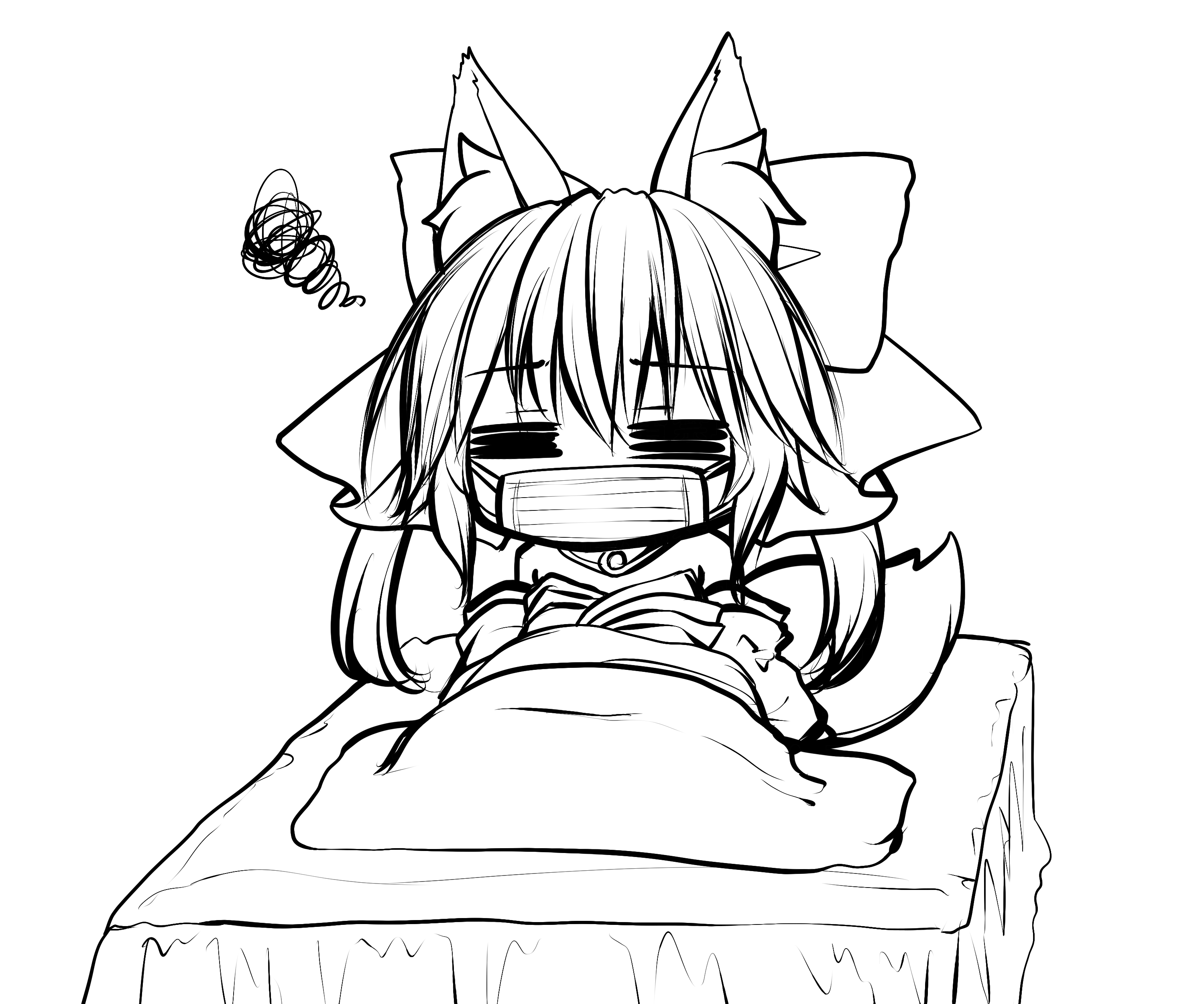 haryuu (poetto), tamamo no mae (fate), fate/grand order, fate (series), tamamo (fate), absurdres, commentary request, highres, 1girl, = =, animal ear fluff, animal ears, bare shoulders, bed, bow, chibi, closed eyes, detached sleeves, facing viewer, fox ears, fox girl, fox tail, greyscale, hair between eyes, hair bow, japanese clothes, kimono, long hair, long sleeves, monochrome, simple background, solo, squiggle, tail, under covers, very long hair, white background
