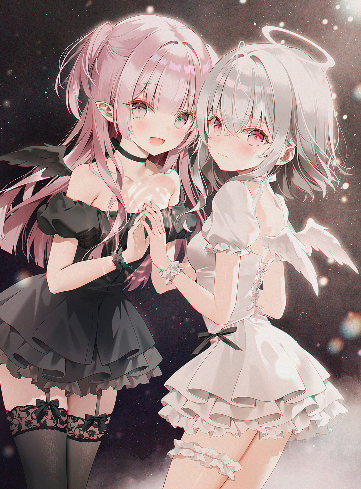 weri, original, commentary, highres, symbol-only commentary, 2girls, back, black choker, black dress, black thighhighs, black wings, blurry, blush, bokeh, bow legwear, breasts, choker, cleavage, dark background, depth of field, dress, fang, frown, garter straps, halo, holding hands, light particles, long hair, looking at viewer, medium hair, mole, mole under eye, multiple girls, off-shoulder dress, off shoulder, pink eyes, pink hair, pointy ears, red eyes, short dress, short sleeves, small breasts, smile, tears, thigh strap, thighhighs, thighs, traditional halo, two side up, white dress, white hair, white wings, wings, wrist cuffs