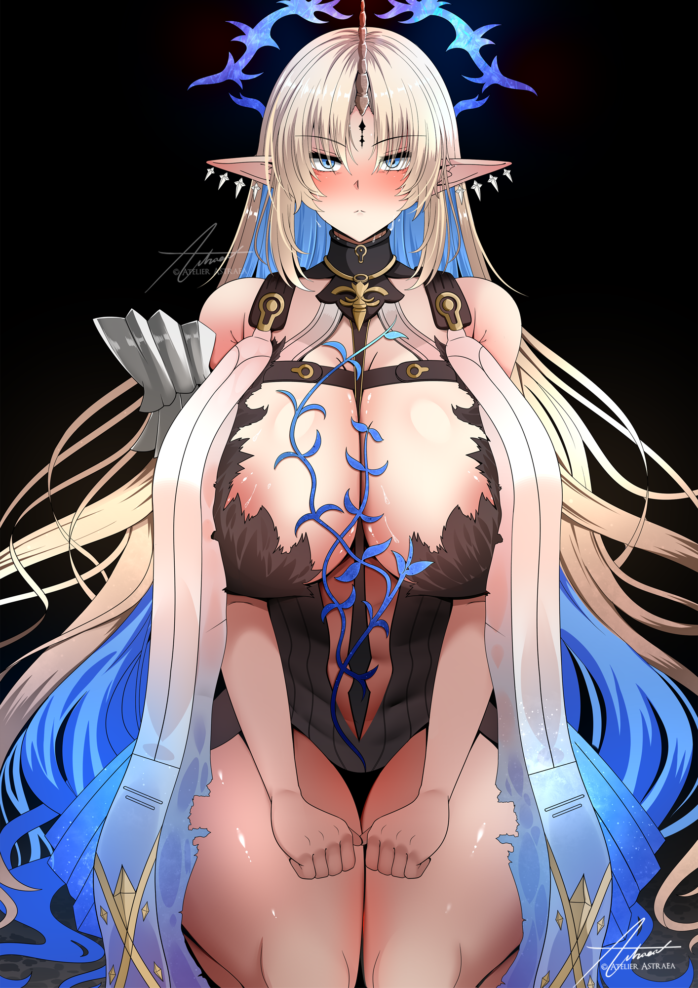 astraea (atelierastraea), fleurdelys (wuthering waves), wuthering waves, highres, 1girl, bare shoulders, black collar, black dress, blonde hair, blue eyes, blue hair, blush, breasts, collar, colored inner hair, crown of thorns, dress, earrings, floating earrings, horns, huge breasts, jewelry, long hair, long horns, looking at viewer, multicolored hair, parted bangs, pointy ears, sidelocks, simple background, single horn, sitting, solo, tacet mark (wuthering waves), thighs, very long hair, yellow horns
