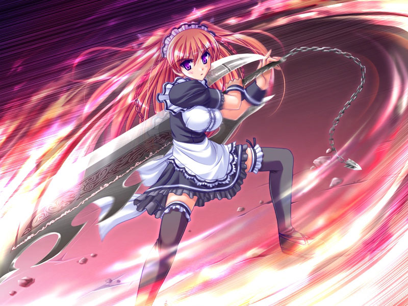 akaza, mitsurugi sakuya, mitsurugi sakuya (maid-san to ookina ken), maid-san to ookina ken, game cg, 1girl, black thighhighs, blush, braid, breasts, chain, female focus, fire, frills, huge weapon, large breasts, long hair, maid, orange hair, purple eyes, ribbon, solo, sword, thighhighs, twin braids, weapon, zettai ryouiki