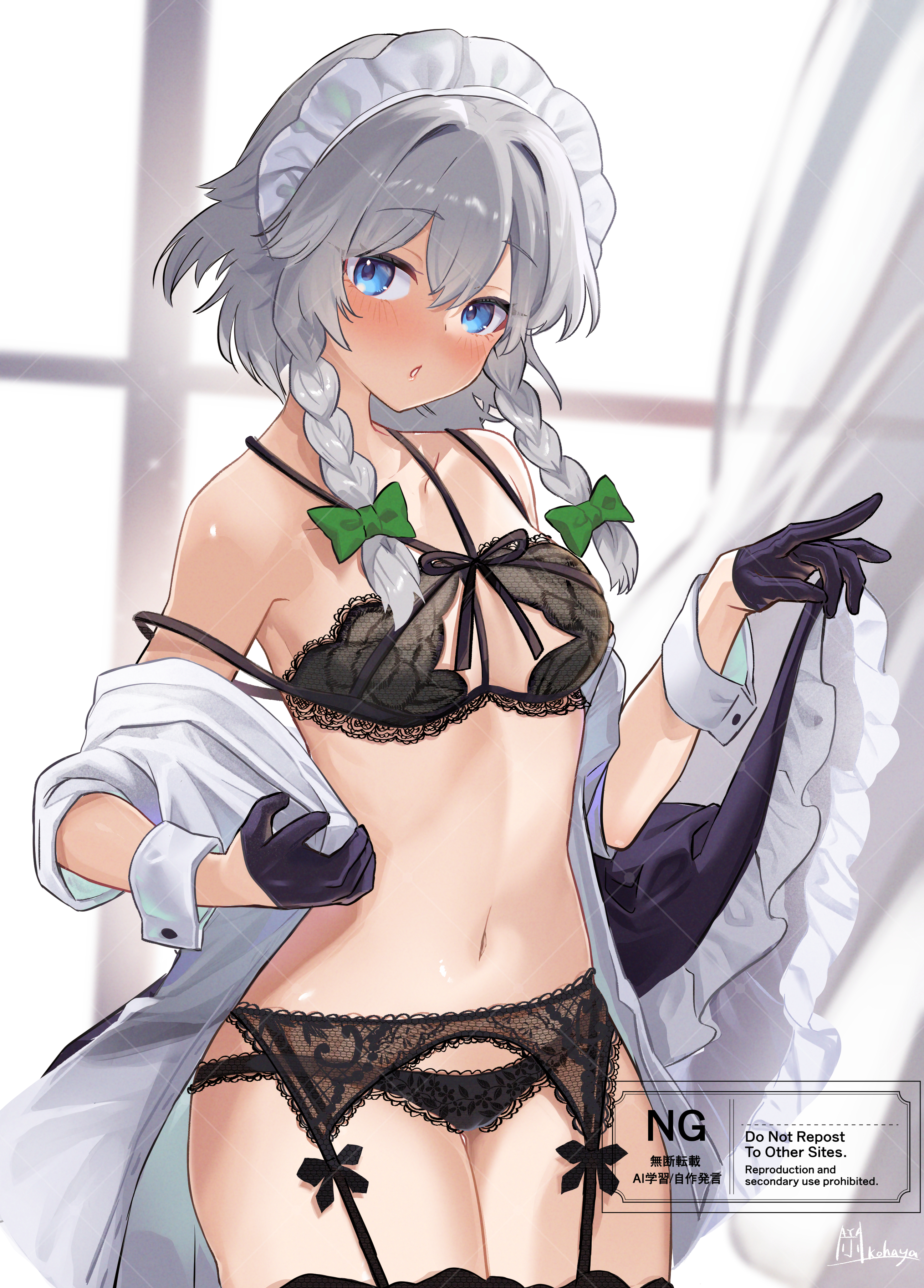 haya taro pochi, izayoi sakuya, touhou, absurdres, highres, 1girl, black bra, black gloves, black panties, blue eyes, bra, breasts, garter belt, gloves, grey hair, lace, lace-trimmed bra, lace-trimmed panties, lace garter belt, lace trim, light blush, lingerie, looking at viewer, maid headdress, medium breasts, panties, parted lips, shirt, solo, underwear, white shirt