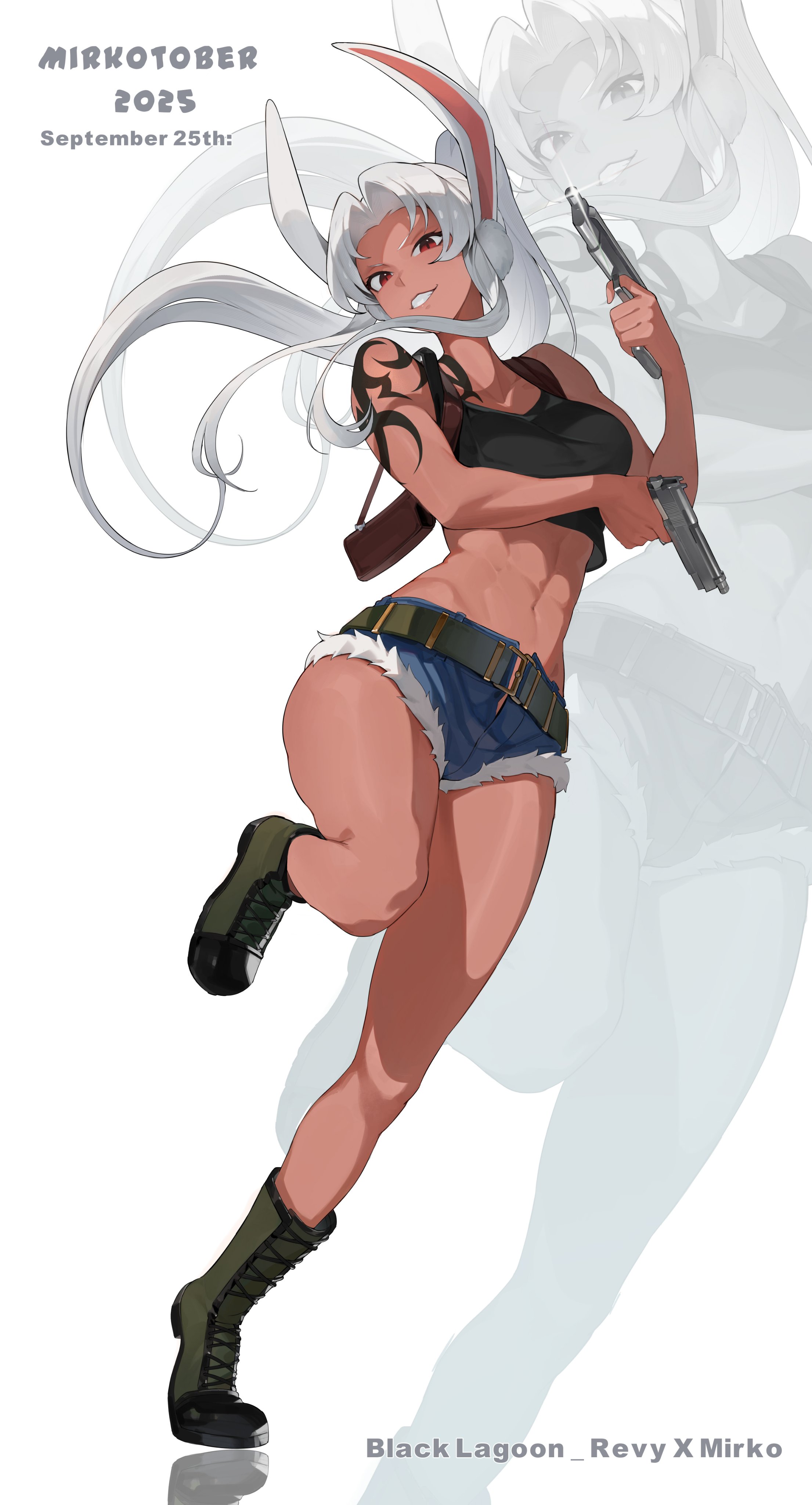 kopam, mirko, revy (black lagoon), black lagoon, boku no hero academia, absurdres, commentary, english commentary, highres, 1girl, abs, animal ears, bare shoulders, belt, beretta 92, black tank top, boots, breasts, character name, collarbone, copyright name, cosplay, crop top, cutoffs, dark-skinned female, dark skin, dated, denim, denim shorts, english text, floating hair, full body, grin, gun, handgun, holding, holster, large breasts, long eyelashes, long hair, looking at viewer, midriff, navel, parted bangs, ponytail, rabbit ears, rabbit girl, red eyes, revy (black lagoon) (cosplay), short shorts, shorts, shoulder holster, shoulder tattoo, smile, solo, standing, standing on one leg, stomach, tank top, tattoo, thick thighs, thighs, tiptoes, toned, toned female, tribal tattoo, very long hair, weapon, white hair, zoom layer