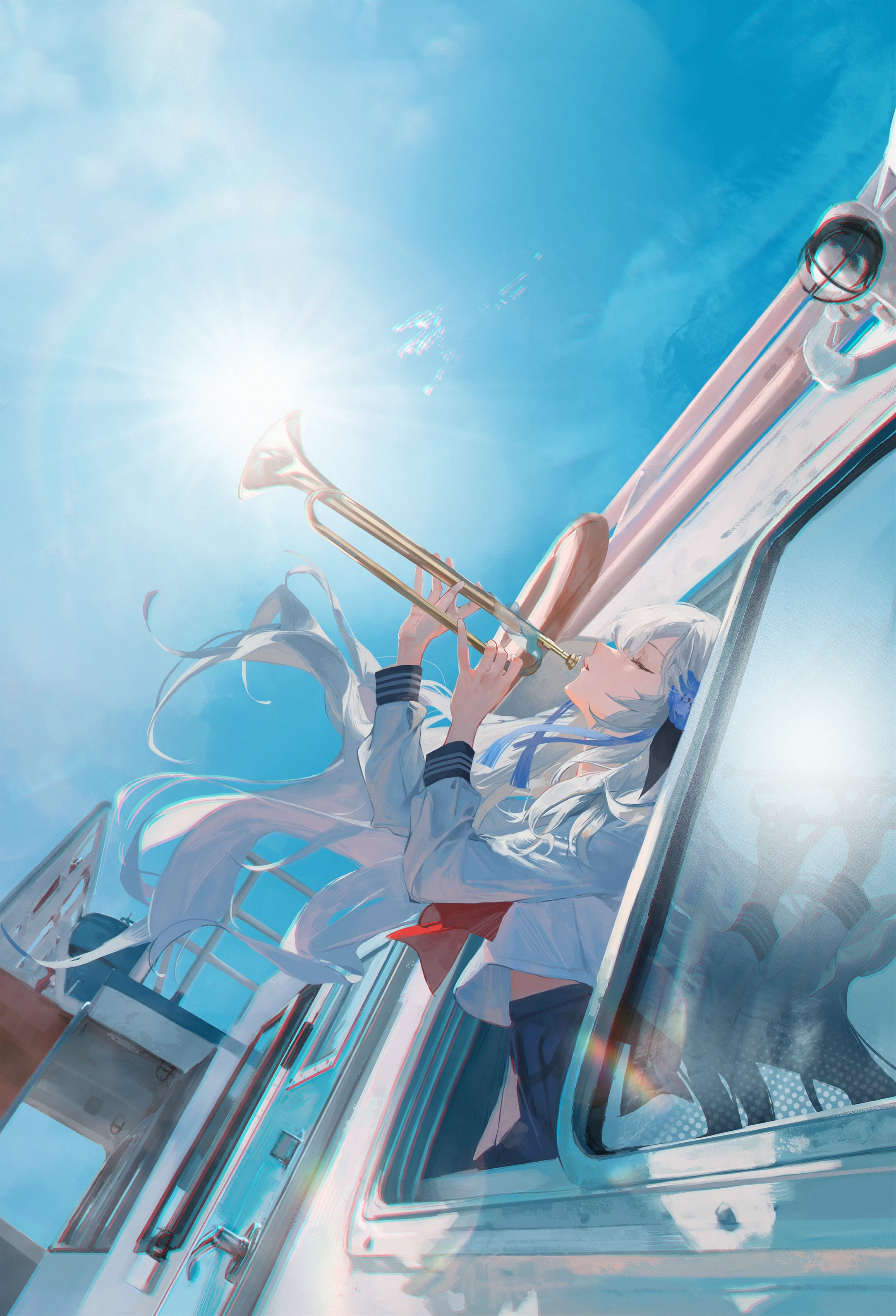 naovo, isekaijoucho, kamitsubaki studio, absurdres, commentary, highres, 1girl, black sky, bloom, blue flower, bugle, closed eyes, day, flower, from side, hair flower, hair ornament, instrument, lens flare, long hair, long sleeves, midriff peek, music, parted lips, playing instrument, profile, reflection, shirt, sky, solo, sun, sunlight, through window, virtual youtuber, white hair, white shirt, window