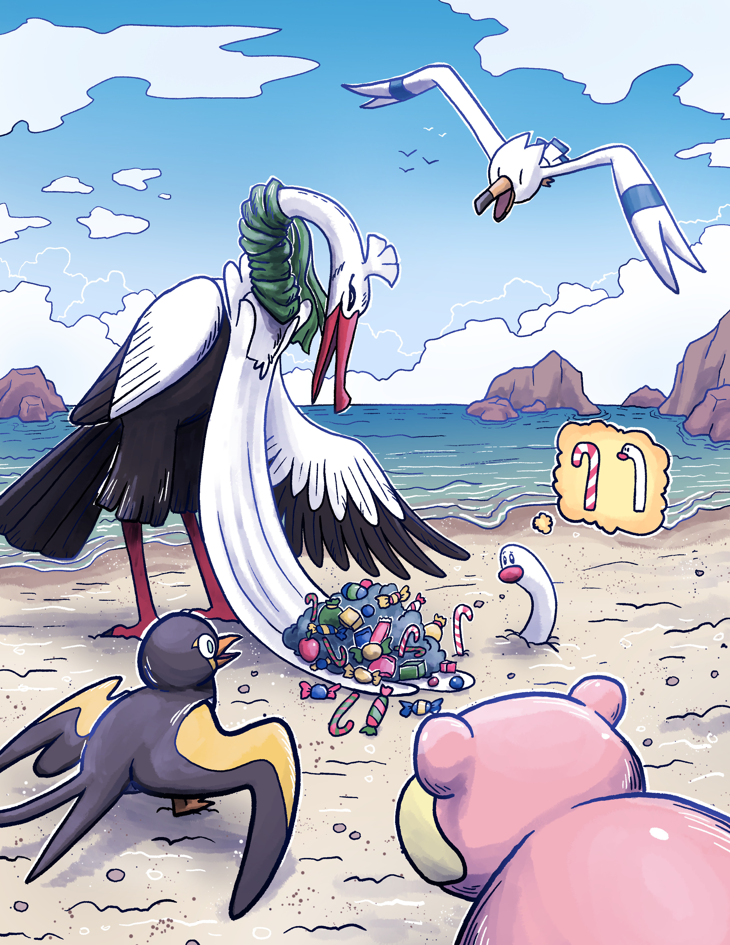 bombirdier, slowpoke, wattrel, wiglett, wingull, nintendo, pokemon, absurdres, highres, beach, beak, bird, candy, day, dianeramic, food, gen 1 pokemon, gen 3 pokemon, no humans, outdoors, pokemon (creature), sand, water