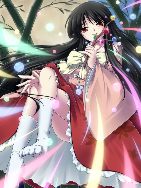 meso (gjmeso), meso (pixiv35947), houraisan kaguya, touhou, bad id, bad pixiv id, 1girl, black hair, danmaku, female focus, licking, long hair, plant, ribbon, sitting, socks, solo, tongue