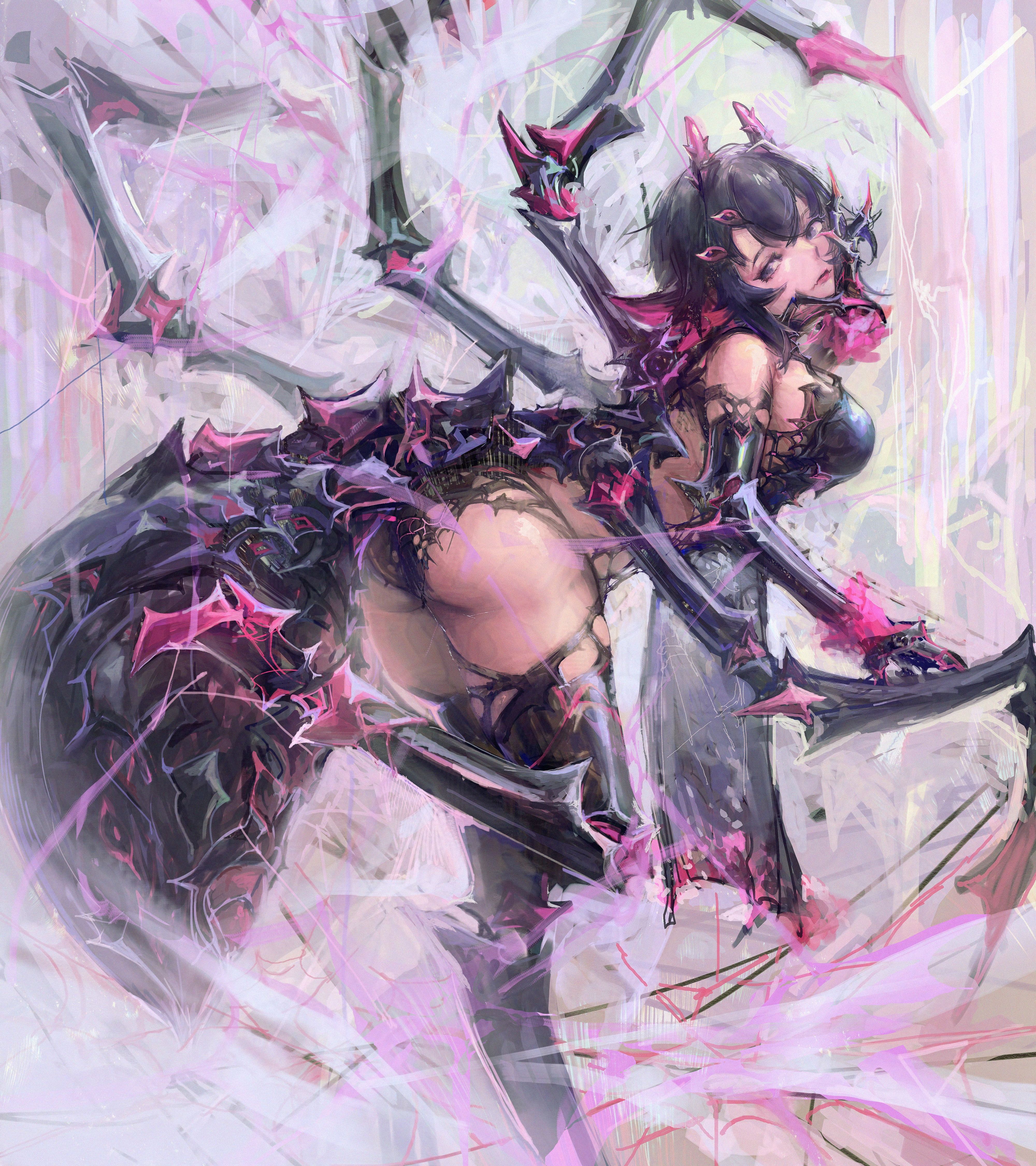 rei m3i, original, absurdres, highres, arachne, arthropod girl, arthropod limbs, ass, breasts, from side, hand on own chin, insect girl, large breasts, monster girl, revealing clothes, silk, spider girl, spider web, taur, thighs, underwear