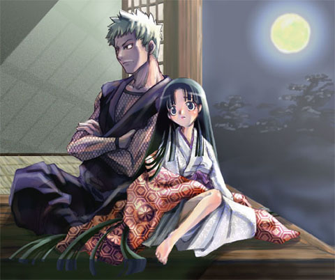 suika (suika-dokei), lowres, 00s, 1boy, 1girl, barefoot, black hair, blush, hanairi kikkou, hexagon, honeycomb pattern, japanese clothes, long hair, moon, night, ninja, white hair
