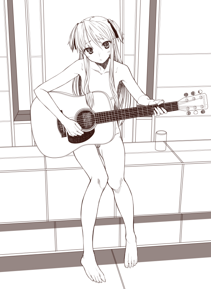 yada ei, shalon, quiz magic academy, 1girl, acoustic guitar, barefoot, completely nude, feet, female focus, flat chest, greyscale, guitar, instrument, long hair, looking at viewer, monochrome, nipples, nude, pussy, sitting, solo, uncensored