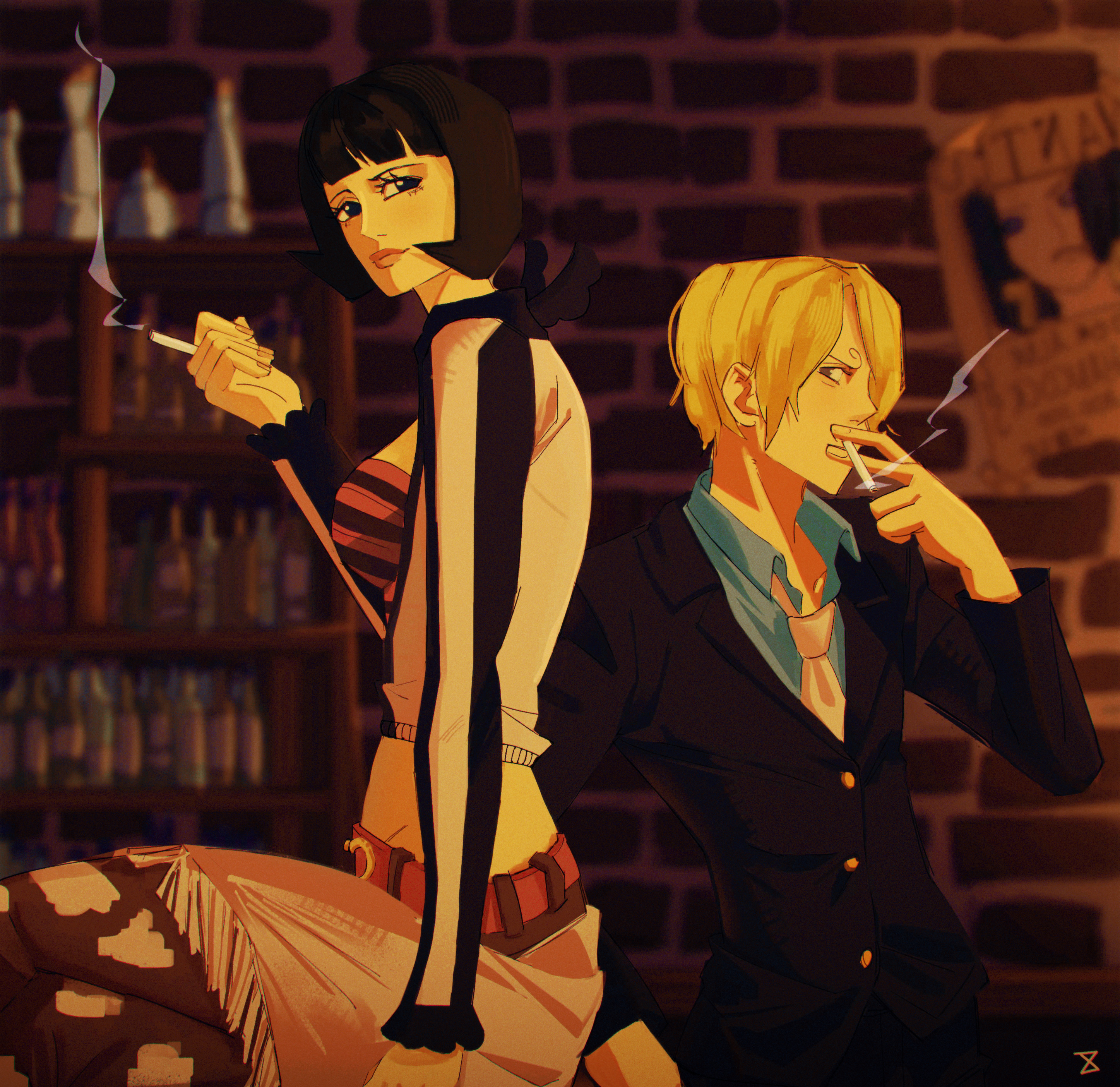 shabexzart, sanji (one piece), shakuyaku (one piece), one piece, absurdres, commentary, english commentary, highres, 1boy, 1girl, black hair, black suit, blonde hair, blue shirt, blunt bangs, cigarette, crossed legs, curly eyebrows, eyelashes, formal clothes, holding, holding cigarette, looking at viewer, necktie, sash, shirt, sitting, smoke, suit, white necktie