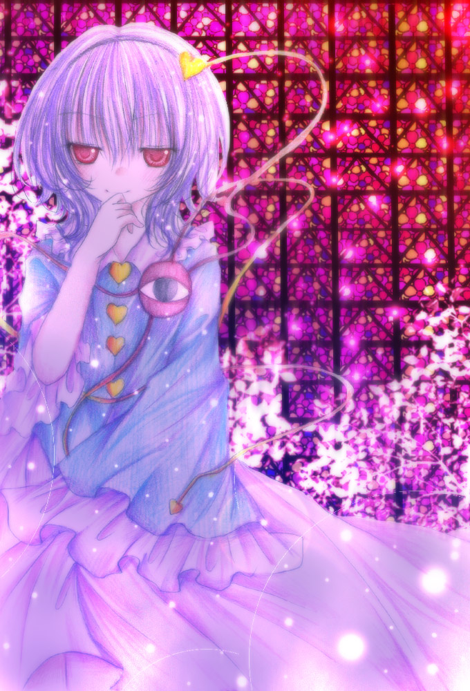 kasuga sunao, komeiji satori, touhou, bad id, bad pixiv id, 1girl, female focus, purple hair, short hair, solo, standing