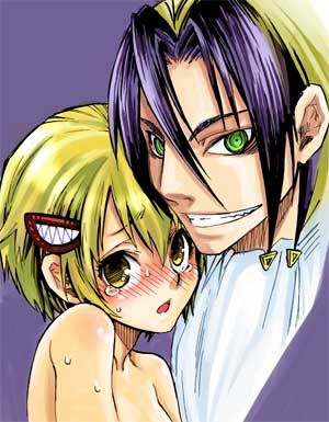 suika (suika-dokei), katsuragi yako, nougami neuro, majin tantei nougami neuro, lowres, 00s, 1boy, 1girl, blonde hair, blush, clothed male nude female, colored bangs, couple, crazy eyes, green eyes, grin, hetero, nude, smile, tears, topless female, yellow eyes