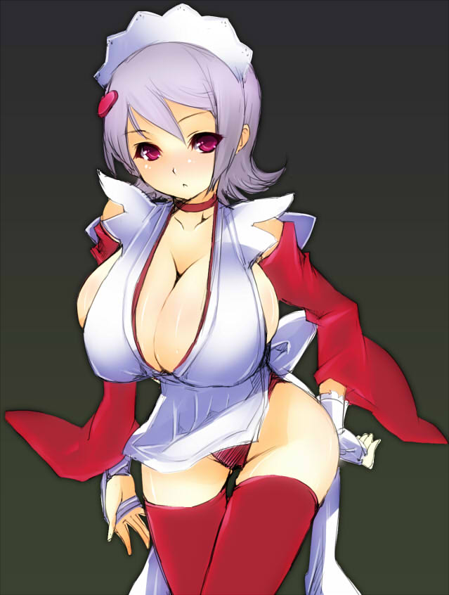 goban, iroha (samurai spirits), samurai spirits, silver hair, 1girl, alternate color, breasts, bursting breasts, cleavage, female focus, flipped hair, huge breasts, japanese clothes, maid, panties, red eyes, sideboob, solo, thighhighs, underwear