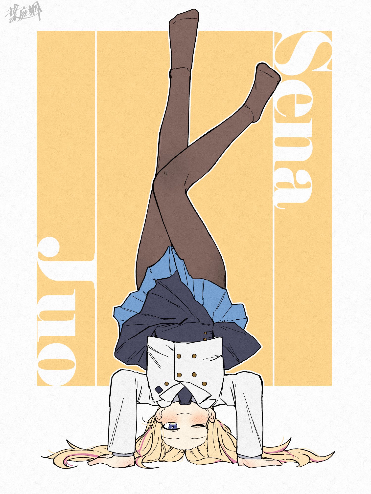 haniwa hayate, juo sena, gakuen idolmaster, idolmaster, highres, 1girl, belt buckle, black necktie, black overskirt, black pantyhose, blonde hair, blue eyes, blue skirt, blush, buckle, character name, closed mouth, cropped jacket, grey shirt, handstand, hatsuboshi gakuen school uniform, jacket, long hair, loose hair strand, lycoris challenge (meme), meme, multicolored hair, necktie, one eye closed, overskirt, pantyhose, pink streaks, pleated skirt, school uniform, shirt, signature, skirt, solo, streaked hair, white jacket, yellow background