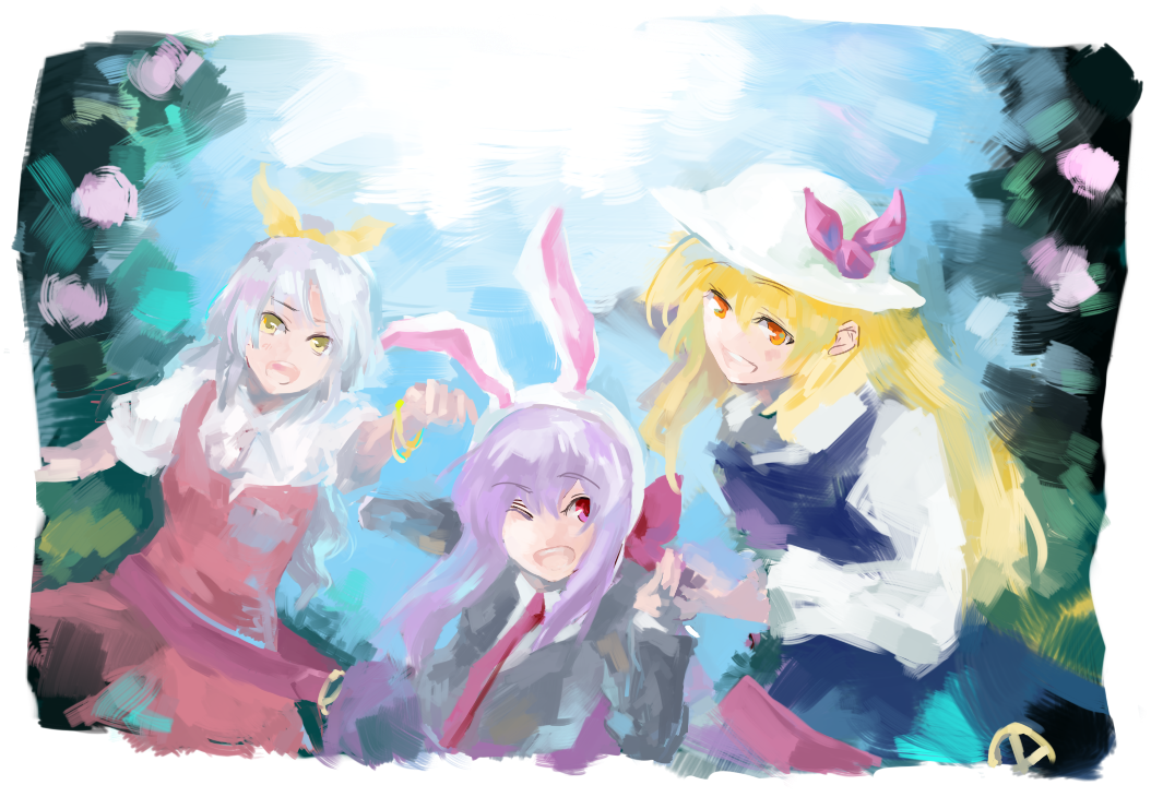 mosuke, reisen udongein inaba, watatsuki no toyohime, watatsuki no yorihime, inaba of the moon and inaba of the earth, touhou, 3girls, animal ears, blonde hair, female focus, grey hair, hair ribbon, hat, long hair, multiple girls, necktie, orange eyes, outdoors, plant, purple hair, rabbit ears, red eyes, ribbon, sky, yellow eyes
