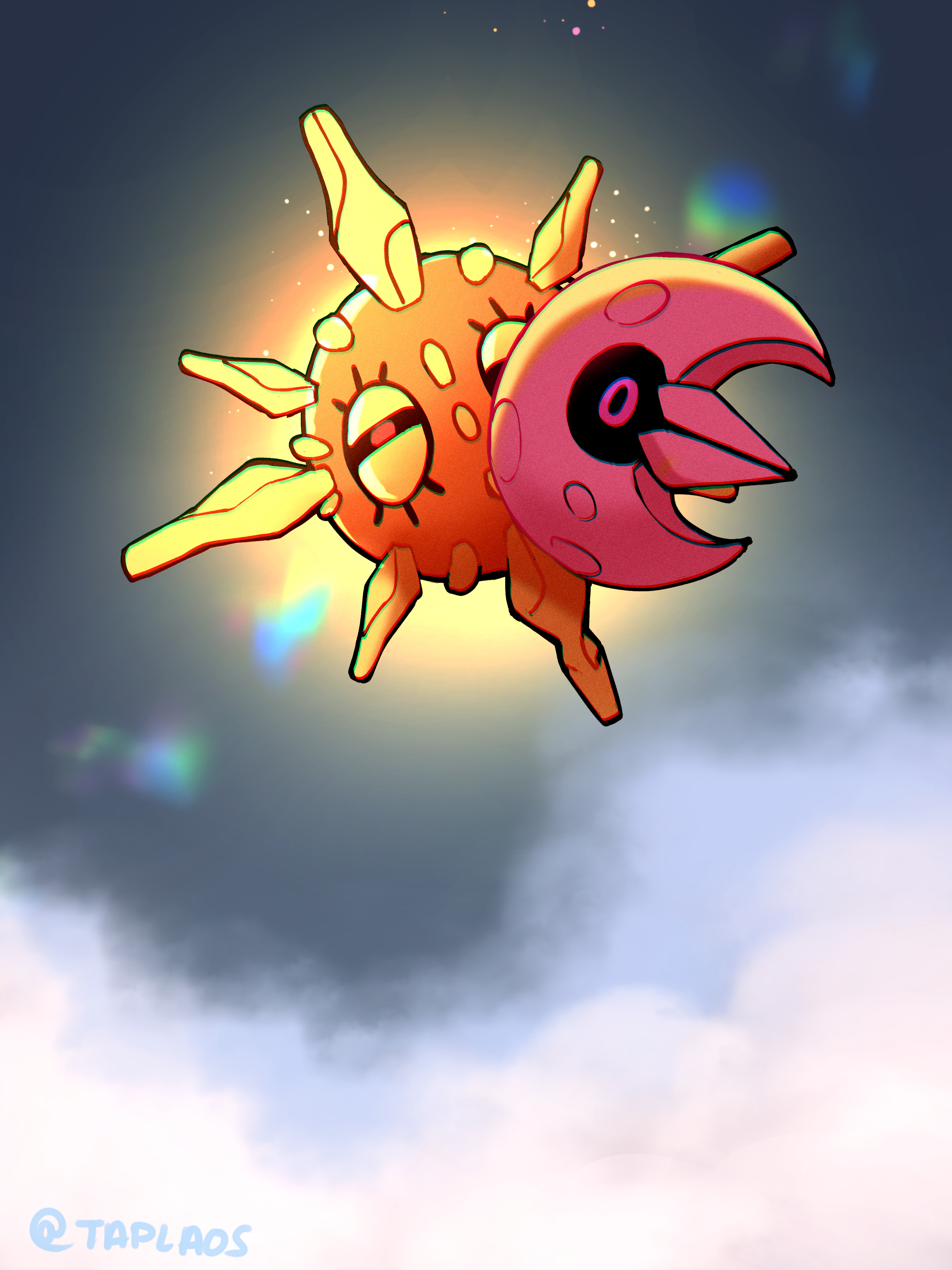 taplaos, lunatone, solrock, nintendo, pokemon, absurdres, commentary, highres, symbol-only commentary, artist name, cloud, day, gen 3 pokemon, looking at viewer, no humans, outdoors, pokemon (creature)