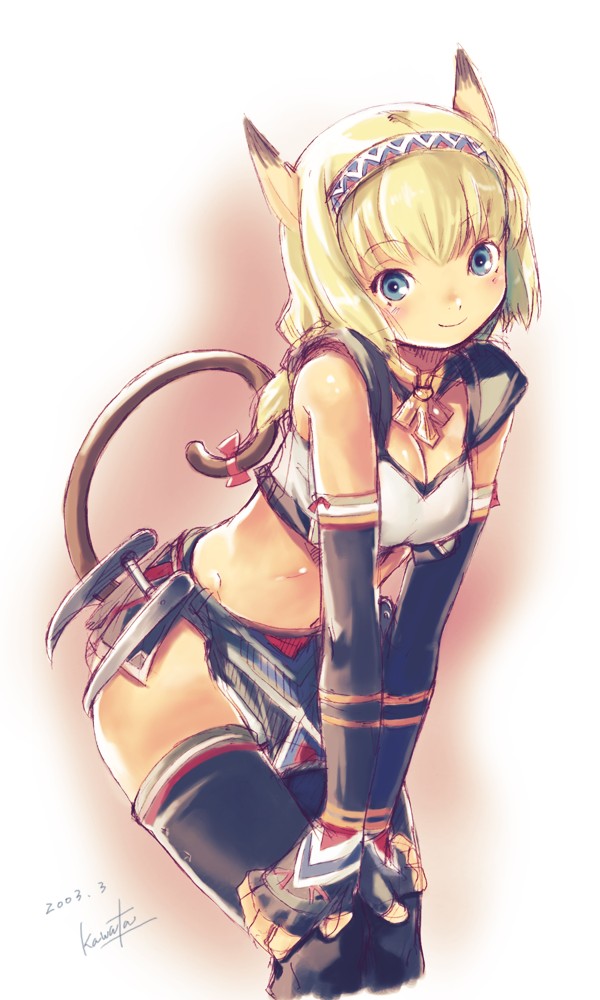 kawata hisashi, mithra (ff11), final fantasy, final fantasy xi, 00s, 1girl, 2003, animal ears, artist name, blonde hair, blue eyes, bow, cat ears, cat girl, cat tail, dated, female focus, hair ornament, hairband, headband, looking at viewer, midriff, ribbon, signature, simple background, smile, solo, standing, tail, thighhighs
