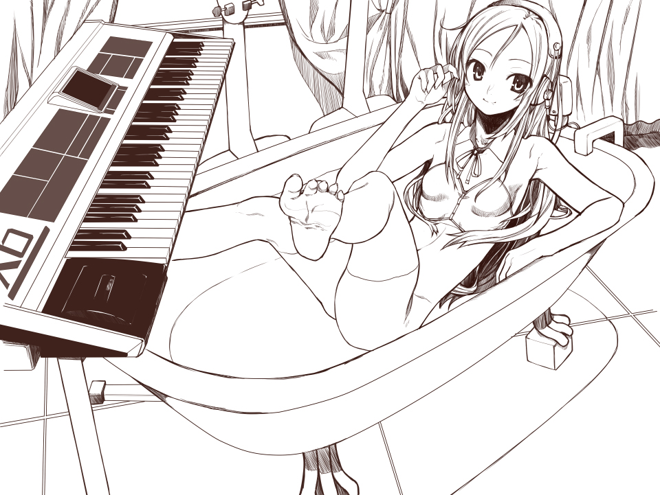 yada ei, lucia, lucia (pangya), pangya, 1girl, bad anatomy, bad feet, barefoot, bath, bathtub, claw foot bathtub, feet, female focus, greyscale, headphones, instrument, keyboard, keyboard (instrument), long hair, lying, monochrome, poorly drawn, solo, water