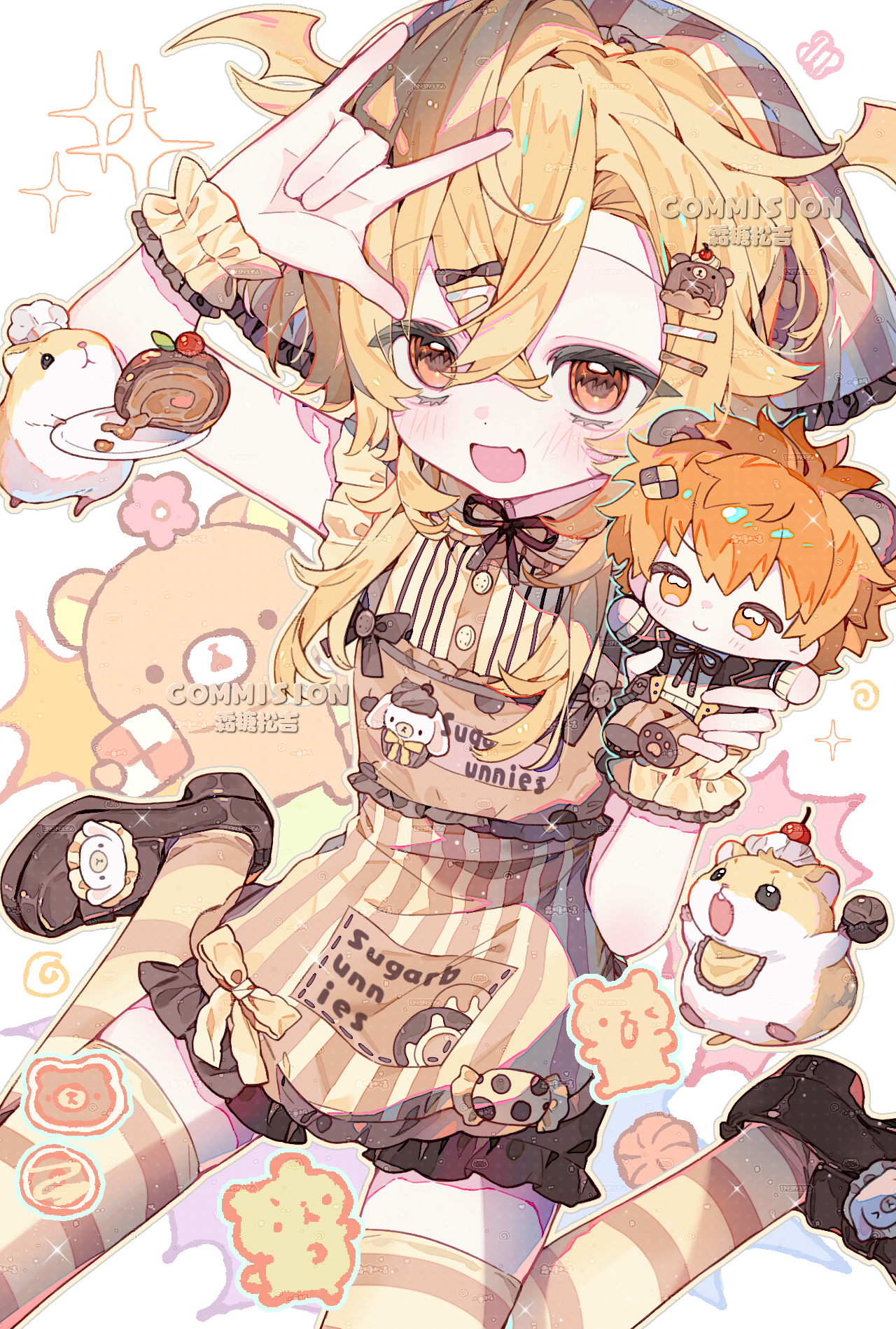 original, highres, 1boy, 1girl, apron, blonde hair, blush, cake, fang, food, hair ornament, hairclip, looking at viewer, male focus, open mouth, orange hair, shuangtangsonji, sitting, smile, solo, stuffed animal, stuffed toy, thighhighs, trap, wariza, yellow eyes
