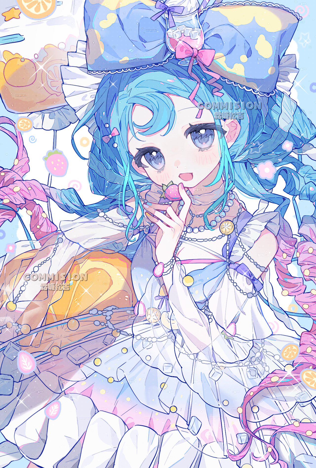 original, highres, 1girl, :d, blue bow, blue eyes, blue hair, blush, bow, braid, dress, food, food-themed hair ornament, frilled dress, frills, fruit, gradient hair, hair bow, hair ornament, hairclip, heart, holding, long hair, long sleeves, looking at viewer, multicolored hair, open mouth, pink bow, pink hair, see-through clothes, see-through sleeves, shuangtangsonji, smile, solo, strawberry, white dress