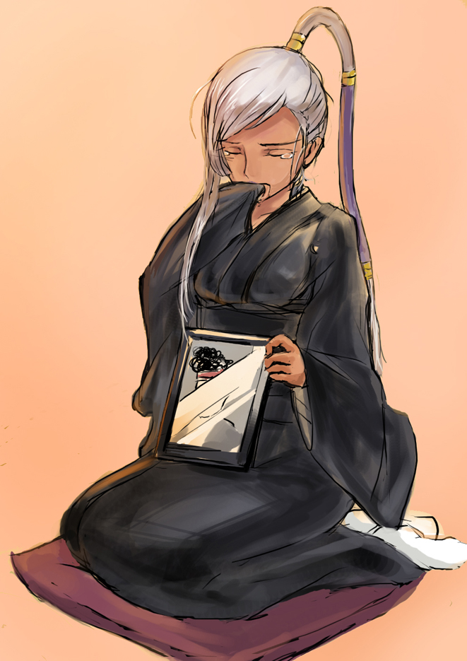 fura, villetta nu, code geass, beige background, silver hair, 00s, 1girl, closed eyes, dark-skinned female, dark skin, female focus, full body, iei, japanese clothes, kimono, long sleeves, mourning, orange background, pillow, seiza, simple background, sitting, socks, solo, tears, white socks