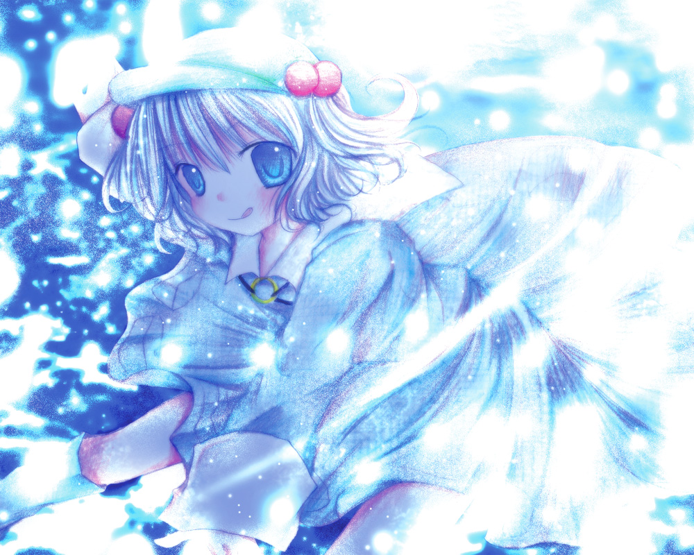 kasuga sunao, kawashiro nitori, touhou, bad id, bad pixiv id, 1girl, :p, blue hair, female focus, hair bobbles, hair ornament, short hair, solo, tongue, tongue out, two side up