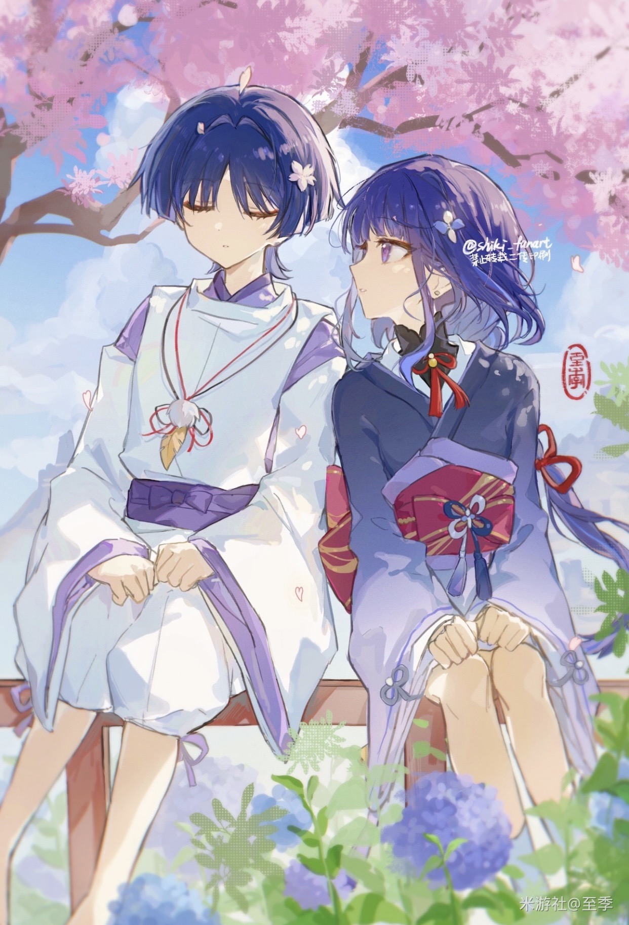 shiki fanart, raiden shogun, scaramouche (genshin impact), scaramouche (kabukimono) (genshin impact), genshin impact, chinese commentary, commentary, highres, 1boy, 1girl, aged down, artist name, back bow, baggy pants, barefoot, belt, black bow, blue flower, blue hair, blue sky, blunt ends, bow, bowtie, braid, branch, brother and sister, cherry blossoms, closed eyes, closed mouth, cloud, cloudy sky, day, detached sleeves, flower, gradient clothes, gradient kimono, hair between eyes, hair bow, hair flower, hair ornament, hydrangea, japanese clothes, kimono, leaf, lofter username, long hair, long sleeves, looking at another, mountain, nature, no headwear, official alternate costume, outdoors, pants, petals, pink flower, pom pom (clothes), purple belt, purple bow, purple eyes, purple flower, purple hair, purple kimono, purple ribbon, purple shirt, red belt, red bow, red bowtie, ribbon, scenery, shirt, short hair, siblings, sidelocks, sitting, sky, socks, tassel, teeth, tree, vest, white flower, white pants, white socks, white vest, wide sleeves