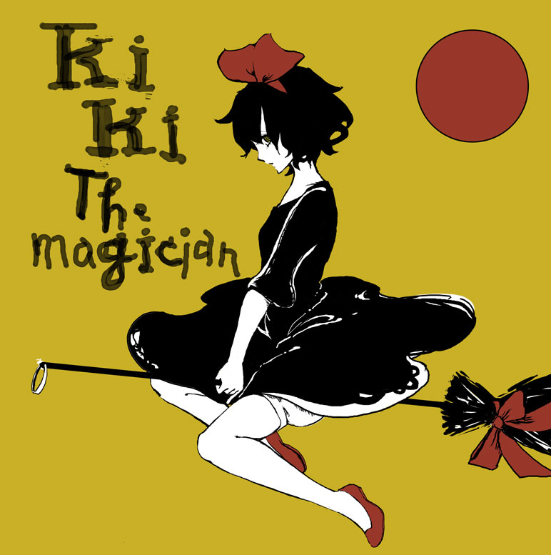 monaka (pixiv57792), kiki (majo no takkyuubin), majo no takkyuubin, studio ghibli, 1980s (style), black hair, bloomers, bow, broom, broom riding, character name, dress, flat color, hair bow, hairband, looking back, oldschool, retro artstyle, short hair, solo, underwear, witch